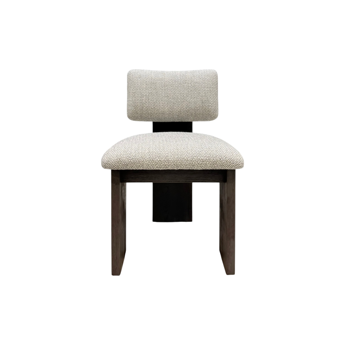 Giussano Dining Chair front view with a generously cushioned ivory bouclé seat and rectangular backrest supported by a dark wood frame.