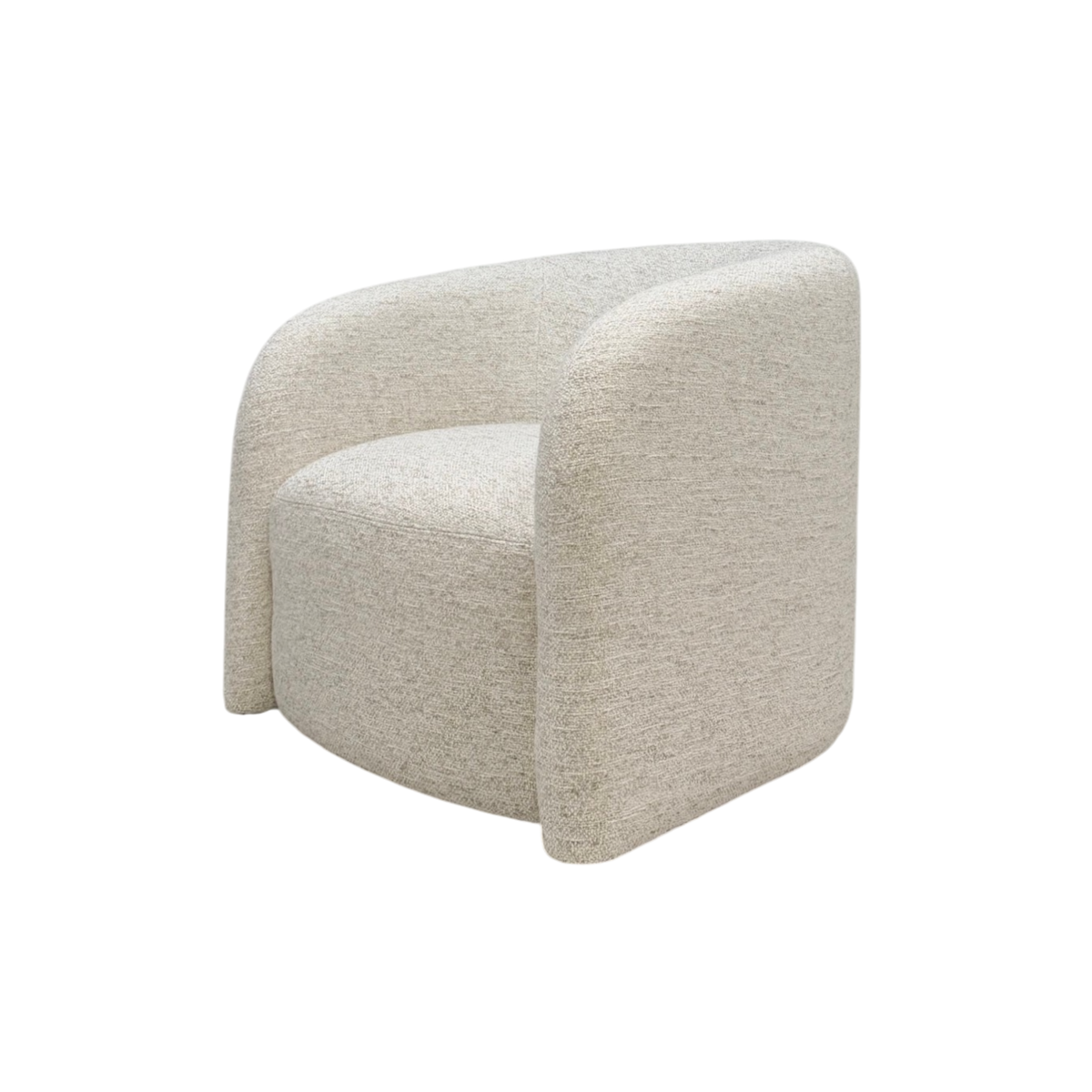 Sigma Lounge Chair in Grey Oak upholstery shown from an angled front view with curved wraparound arms and rounded seat.