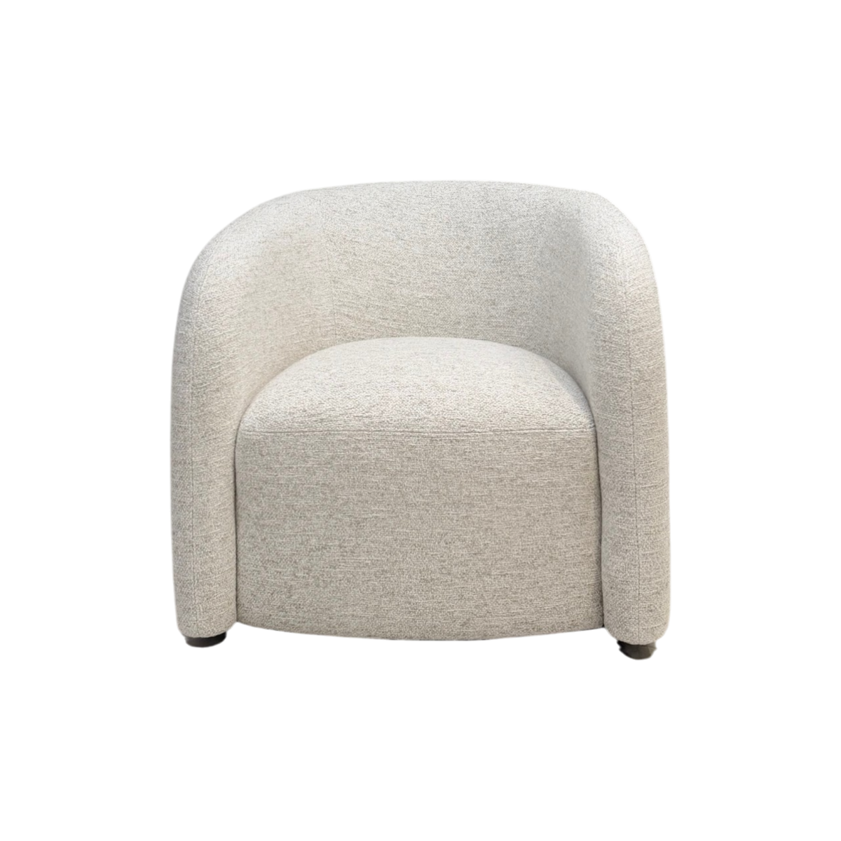 Front view of Sigma Lounge Chair with rounded barrel silhouette, integrated curved arms and upholstered seat in Grey Oak.
