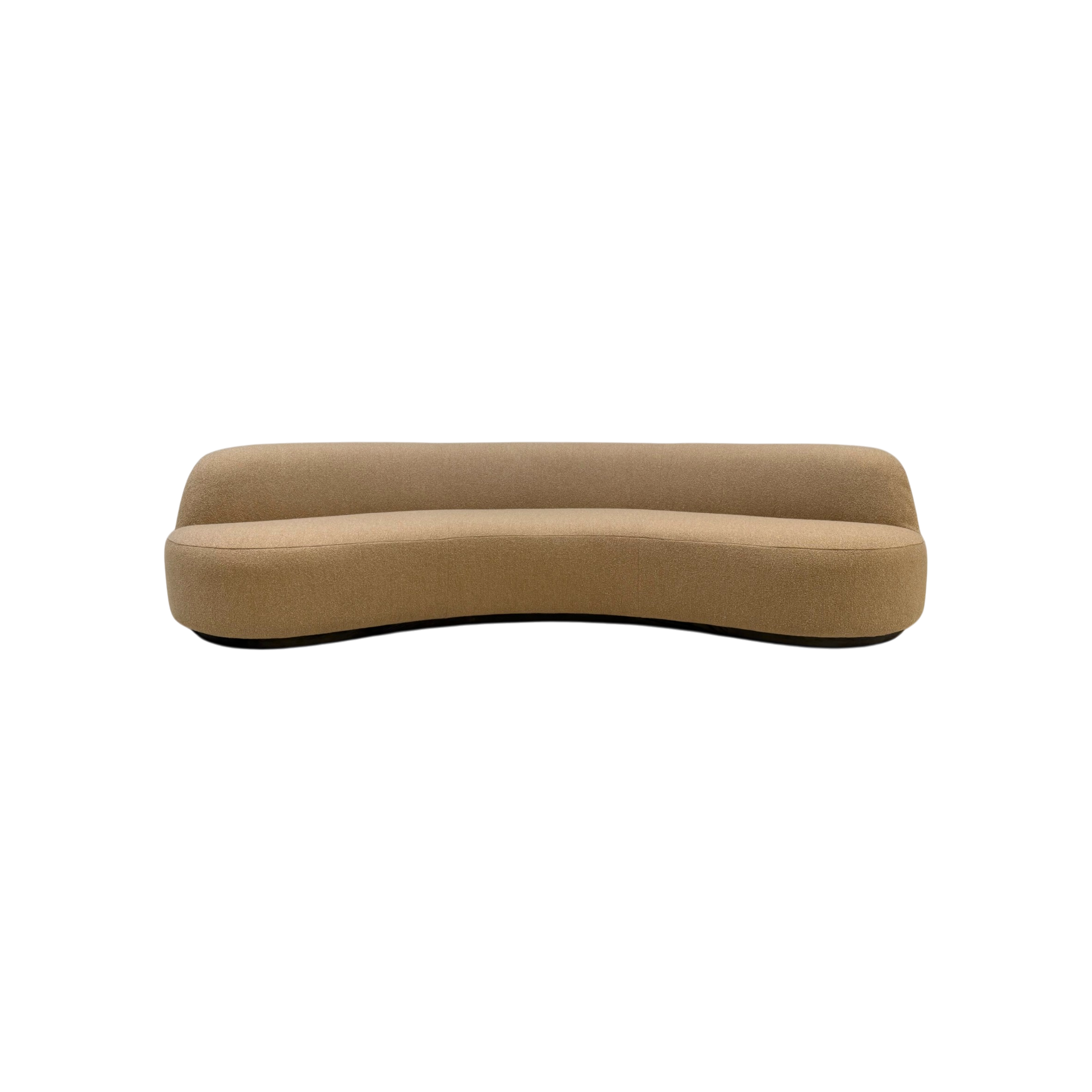 Rhine 120" Sofa in warm camel textured upholstery, front view showing the sweeping curved silhouette, continuous seat, and low oak plinth base.