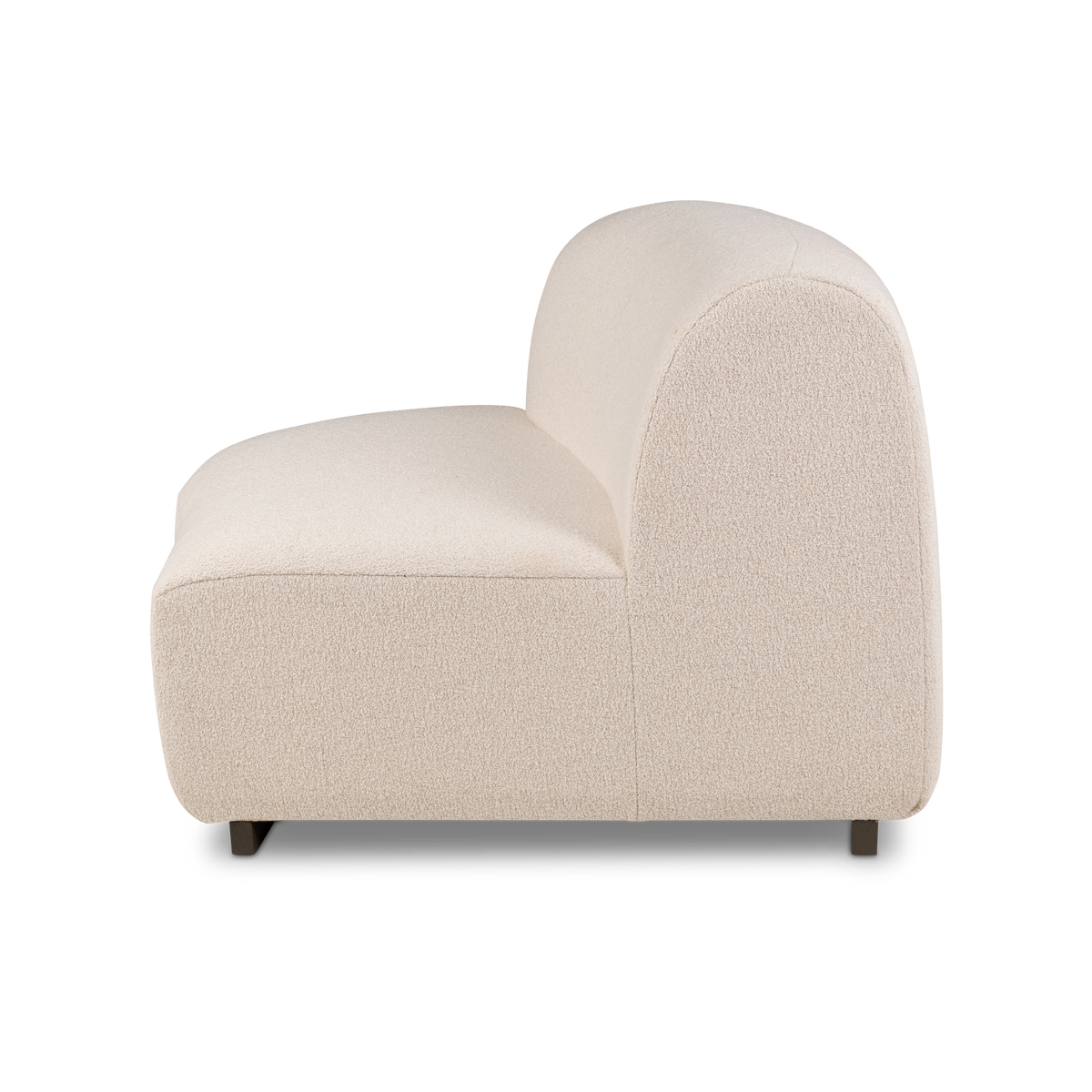 Rhine Modular LAF Chair in cream bouclé shown in side profile, with the rounded arm panel, the gently curved back, and the oatmeal-flecked texture clearly visible.