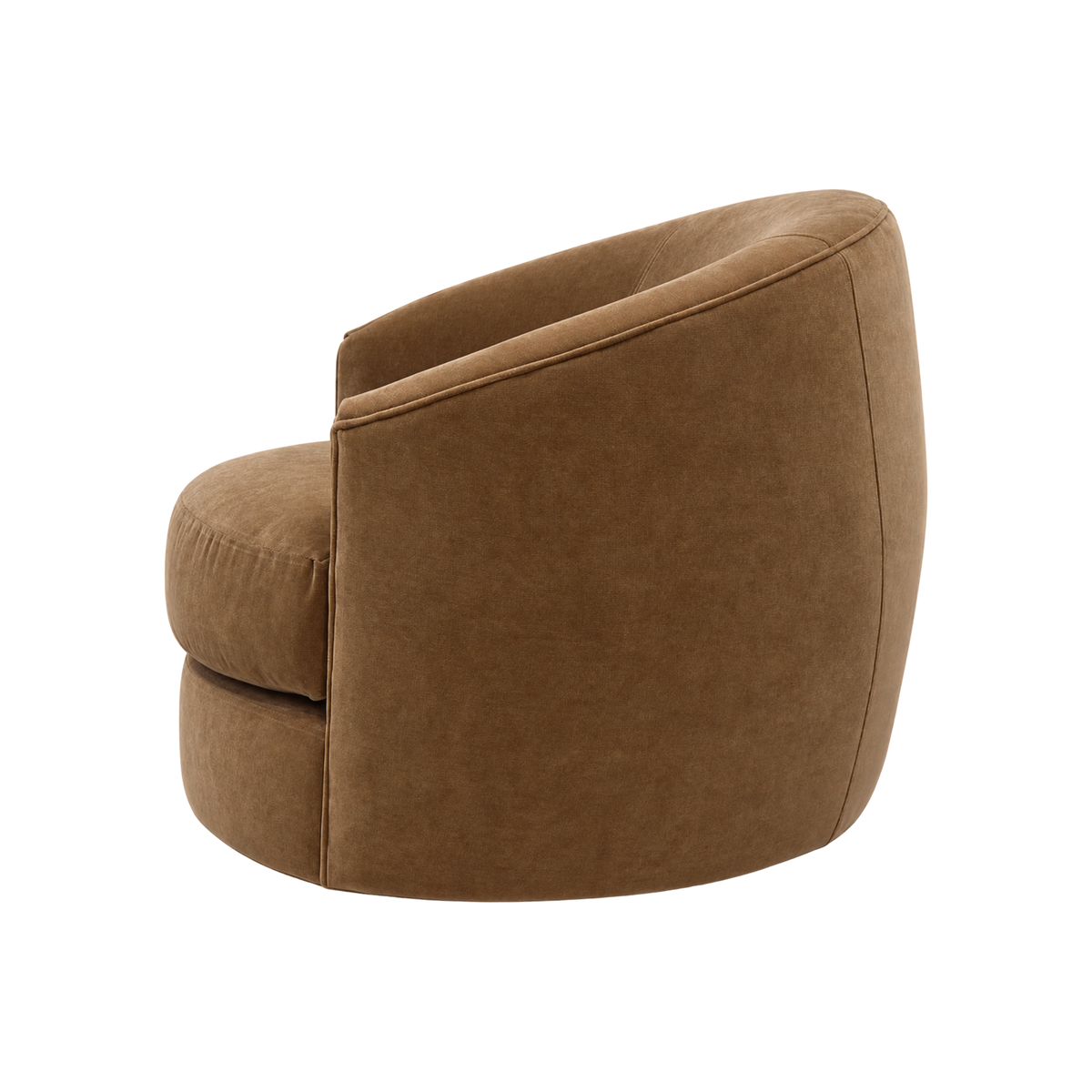 Grace Swivel Chair in a side view in Caramel velvet, highlighting the curved outer arm, piped edge and full drum base.