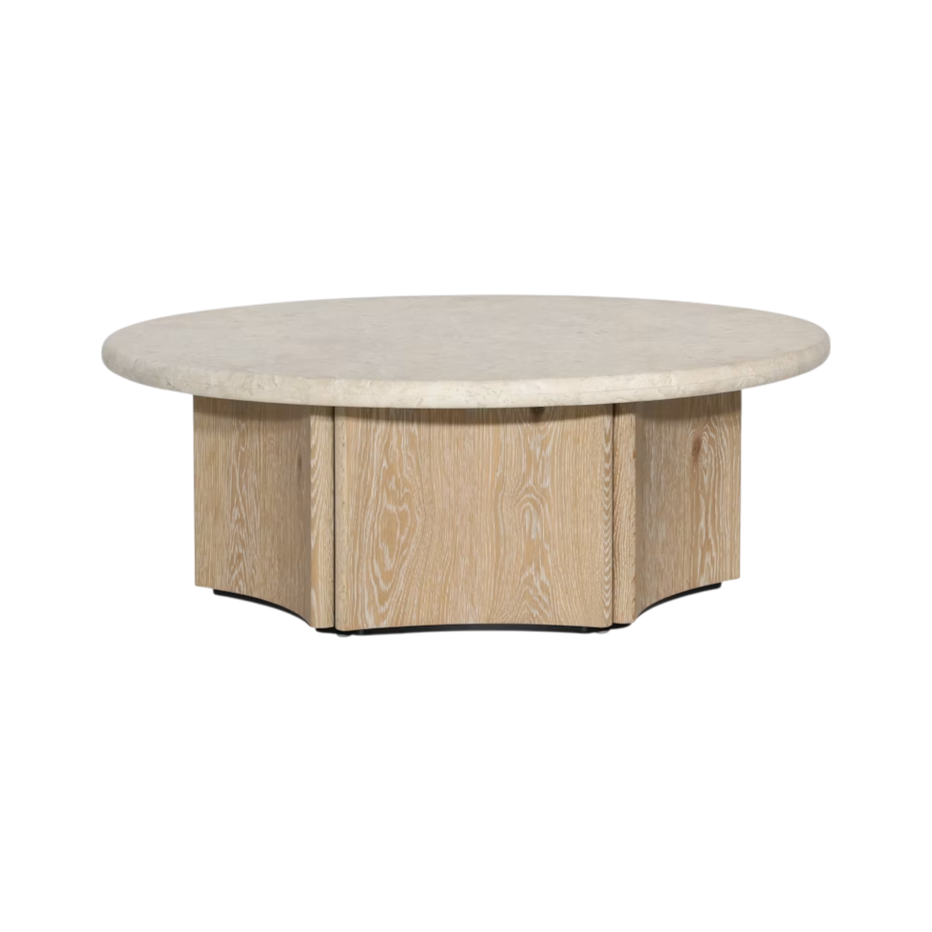 Aldridge Coffee Table shown from a wider angle, highlighting the rounded stone top, curved paneled base and pronounced natural wood grain.