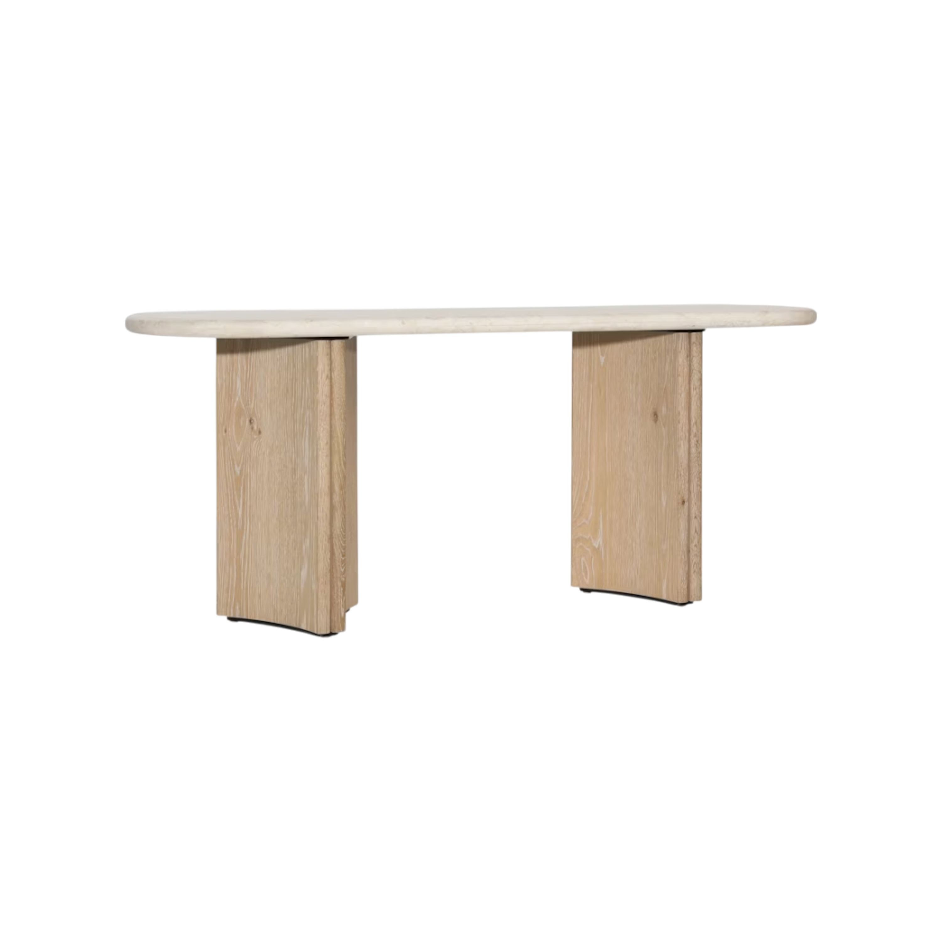 Aldridge Console Table shown at an angle, highlighting the elongated stone top and two light-oak pedestal supports with pronounced wood grain.
