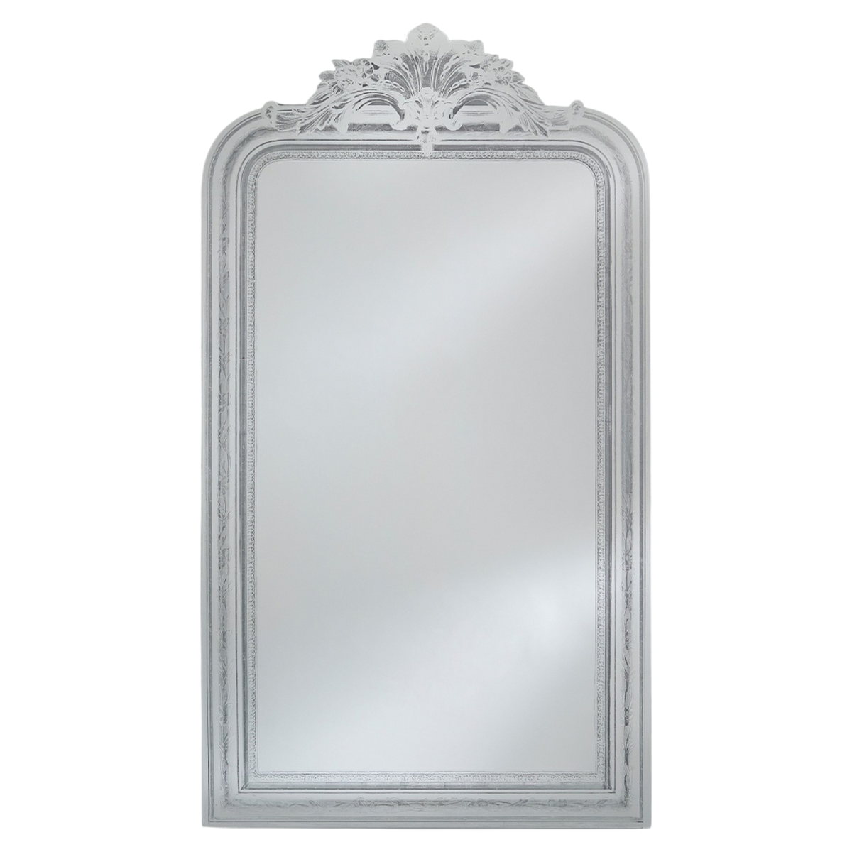 Haussmann Wall Mirror in clear finish, featuring a tall rectangular silhouette, ornate carved frame and decorative crest with scrolling foliage and shell-like detailing
