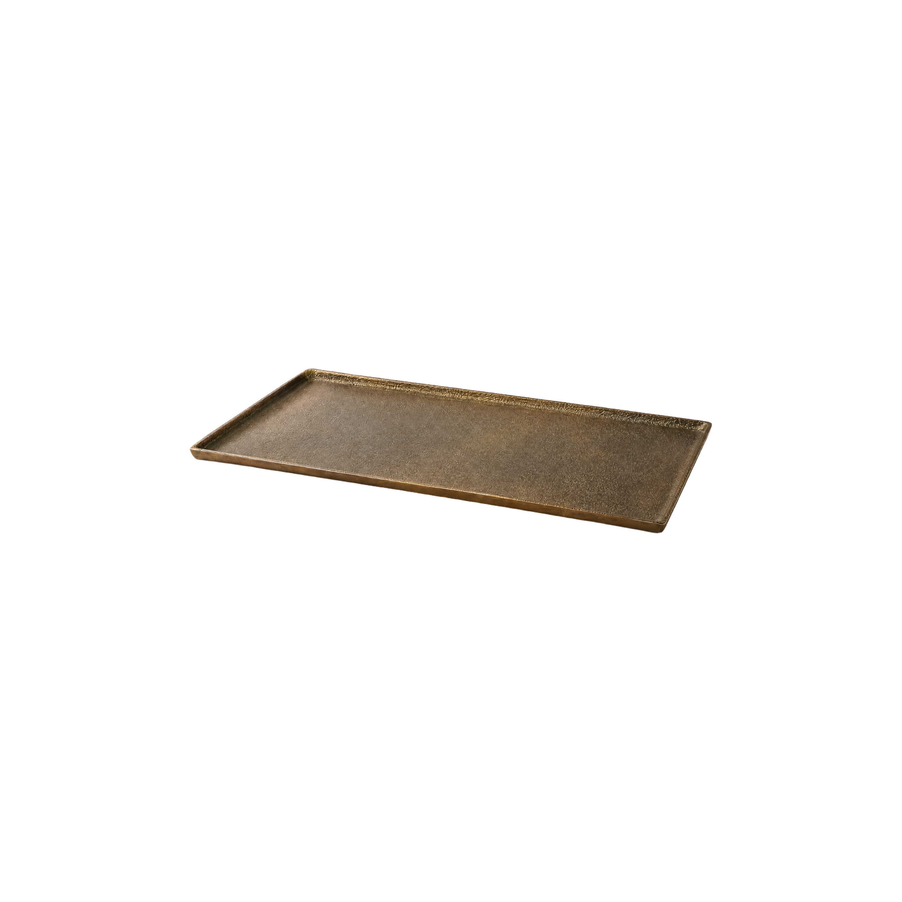Russell Medium Rectangular Bronze Tray shown at an angle, highlighting its slim profile, textured finish and raised rim.