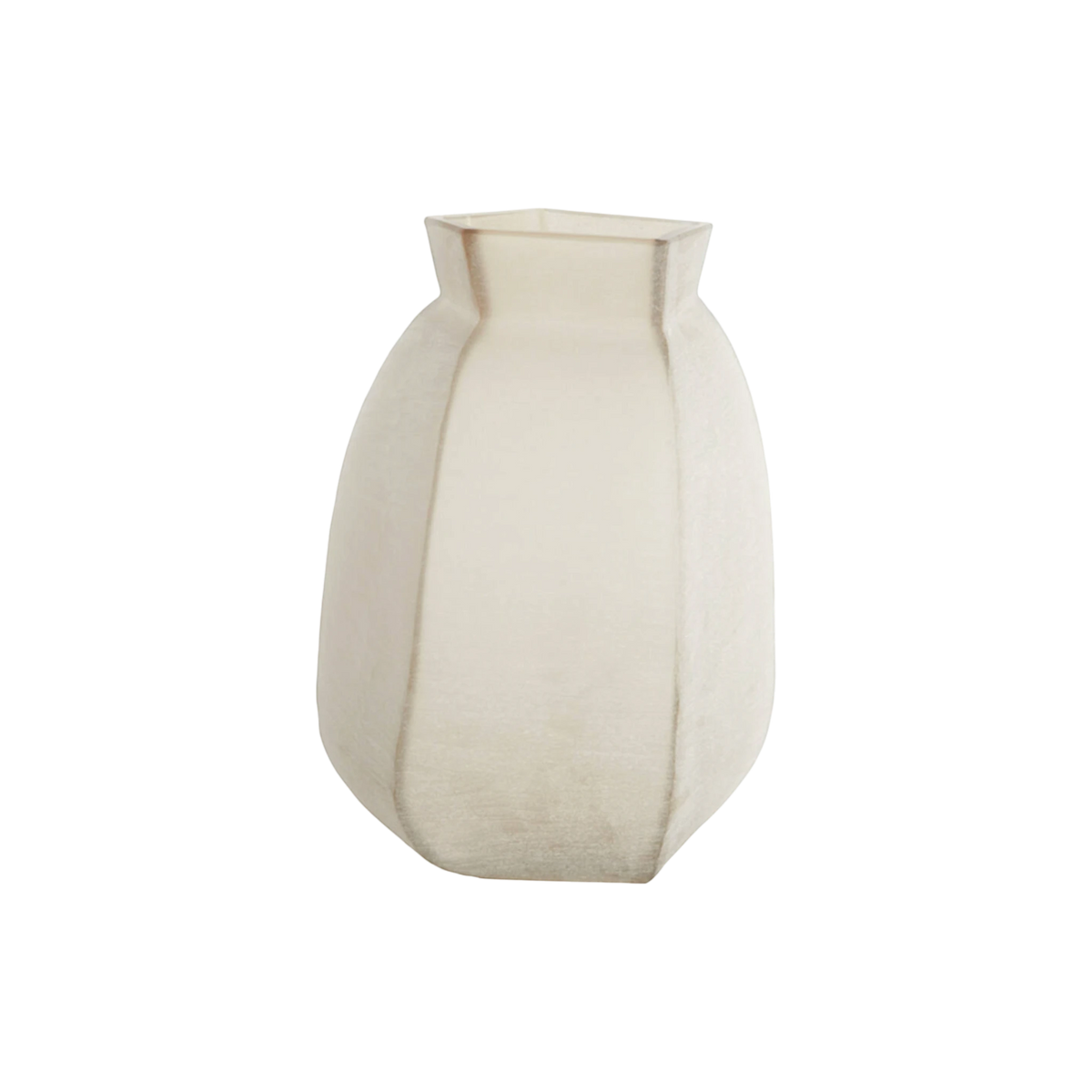 Medium faceted glass vase in frosted ivory with a soft matte finish, shown from the front with a broad rounded body, angular seams, and a pinched geometric neck.