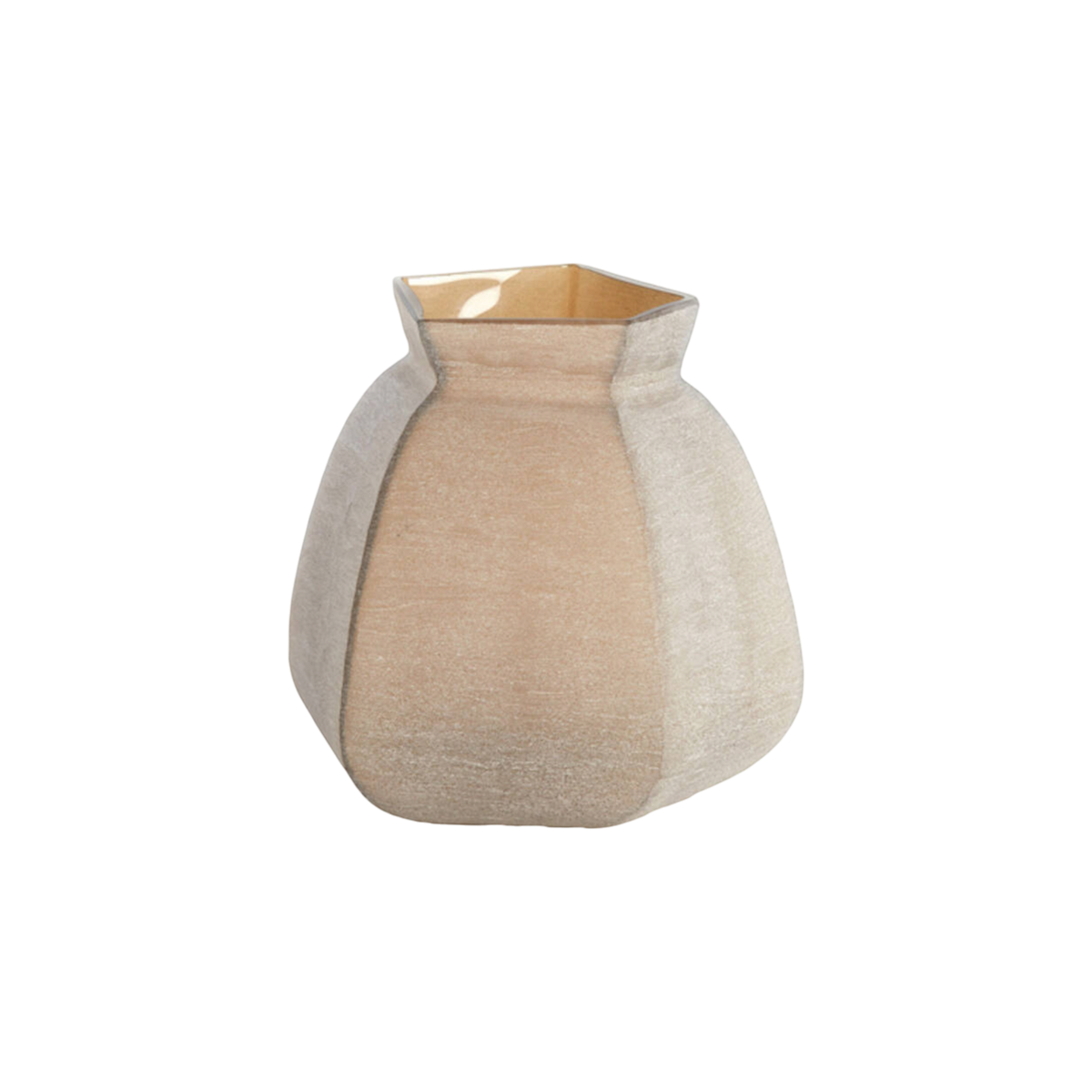Small faceted glass vase in smoked taupe with a matte, finely grained surface, shown from the front with a squat rounded body, angular seams, and a pinched pentagonal neck.
