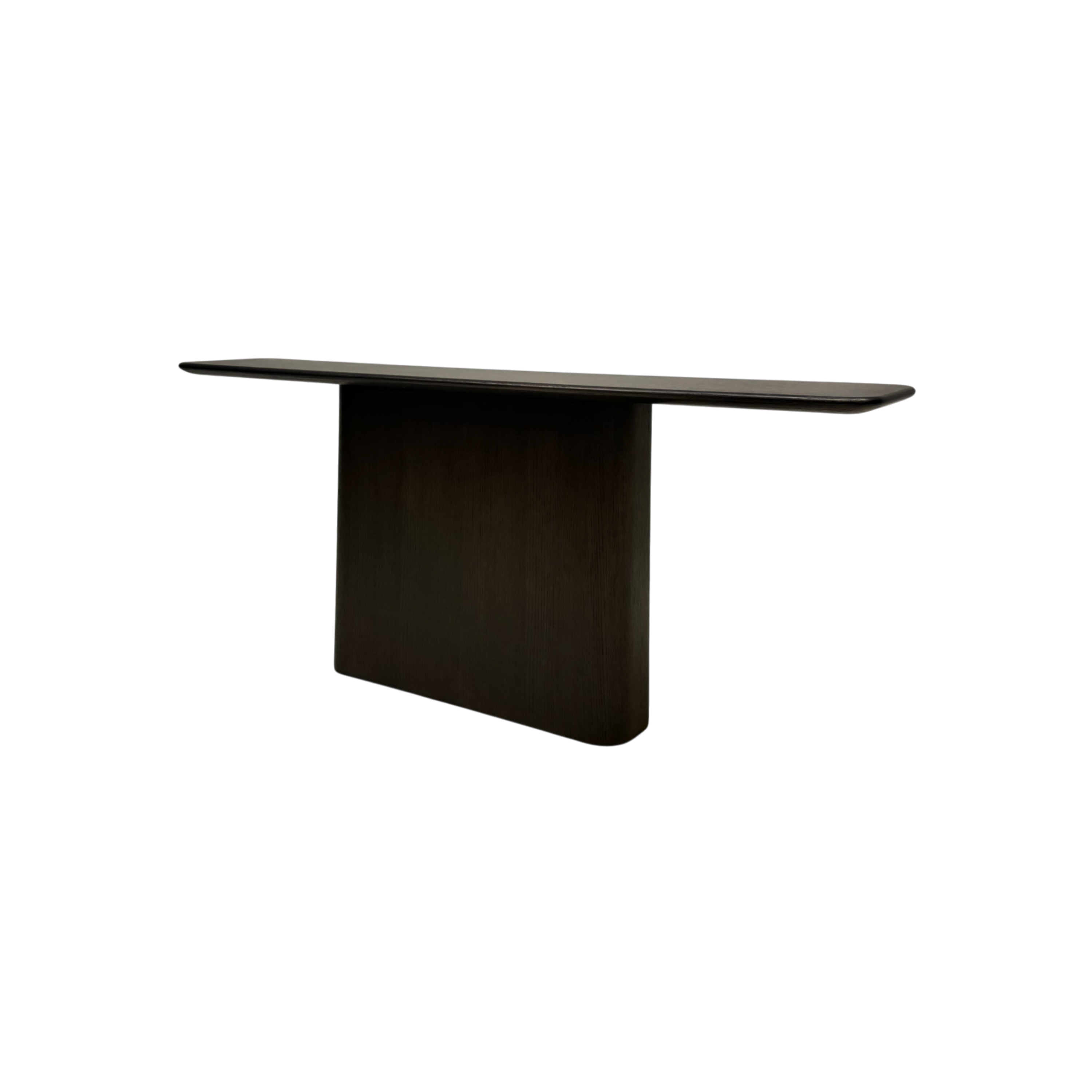 A modern dark wood console table with a wide, floating shelf and a solid rectangular pedestal base, shown against a plain white background.