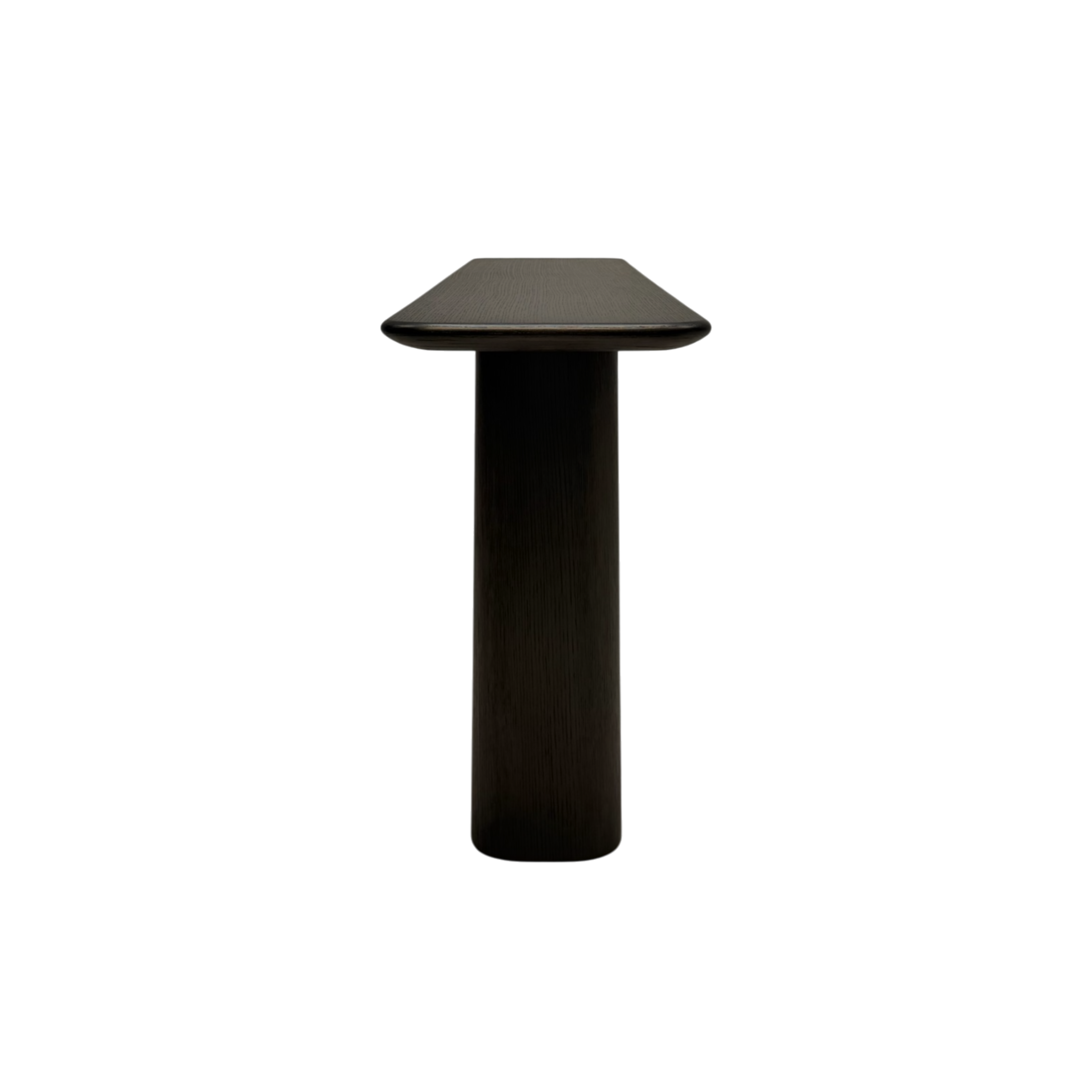 A modern pedestal table with a dark, square top and a single cylindrical base, shown against a plain white background.