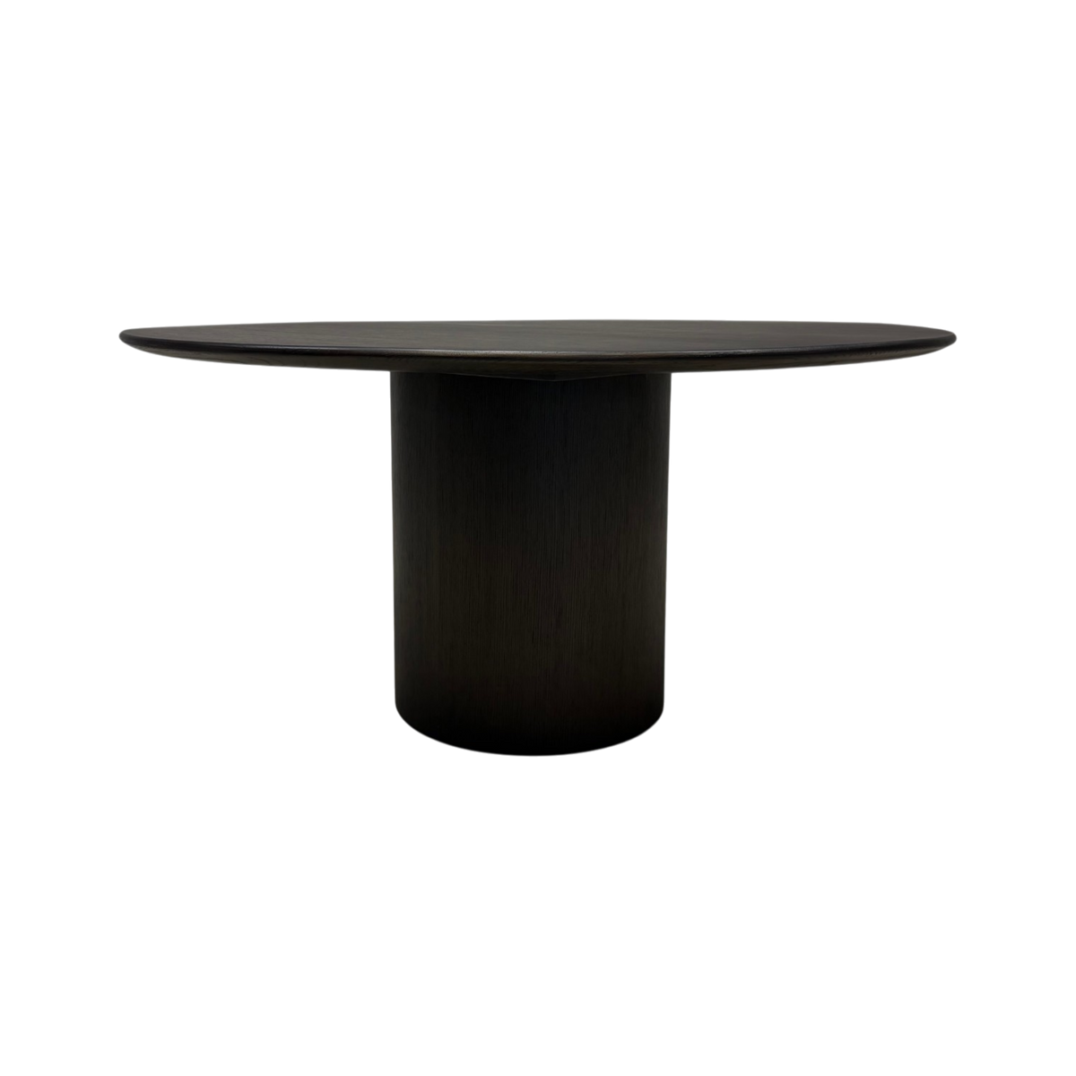 Altar Round Dining Table in dark brown oak with round top and cylindrical pedestal base, front view.