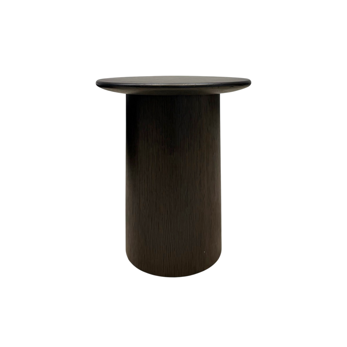Altar Side Table in dark brown oak with sculptural pedestal form, straight-on view.