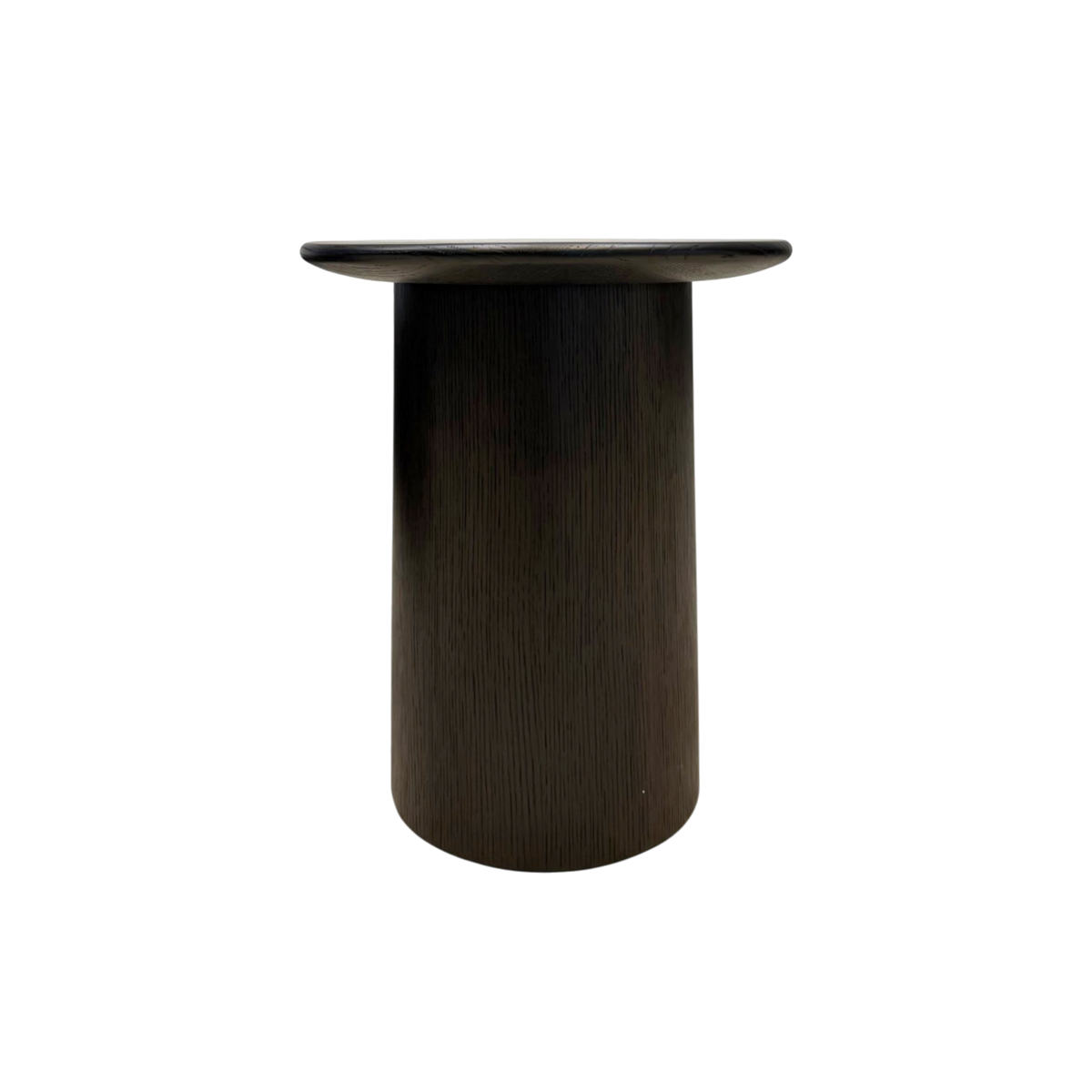 Altar Side Table in dark brown oak with round top and cylindrical pedestal base, angled front view.