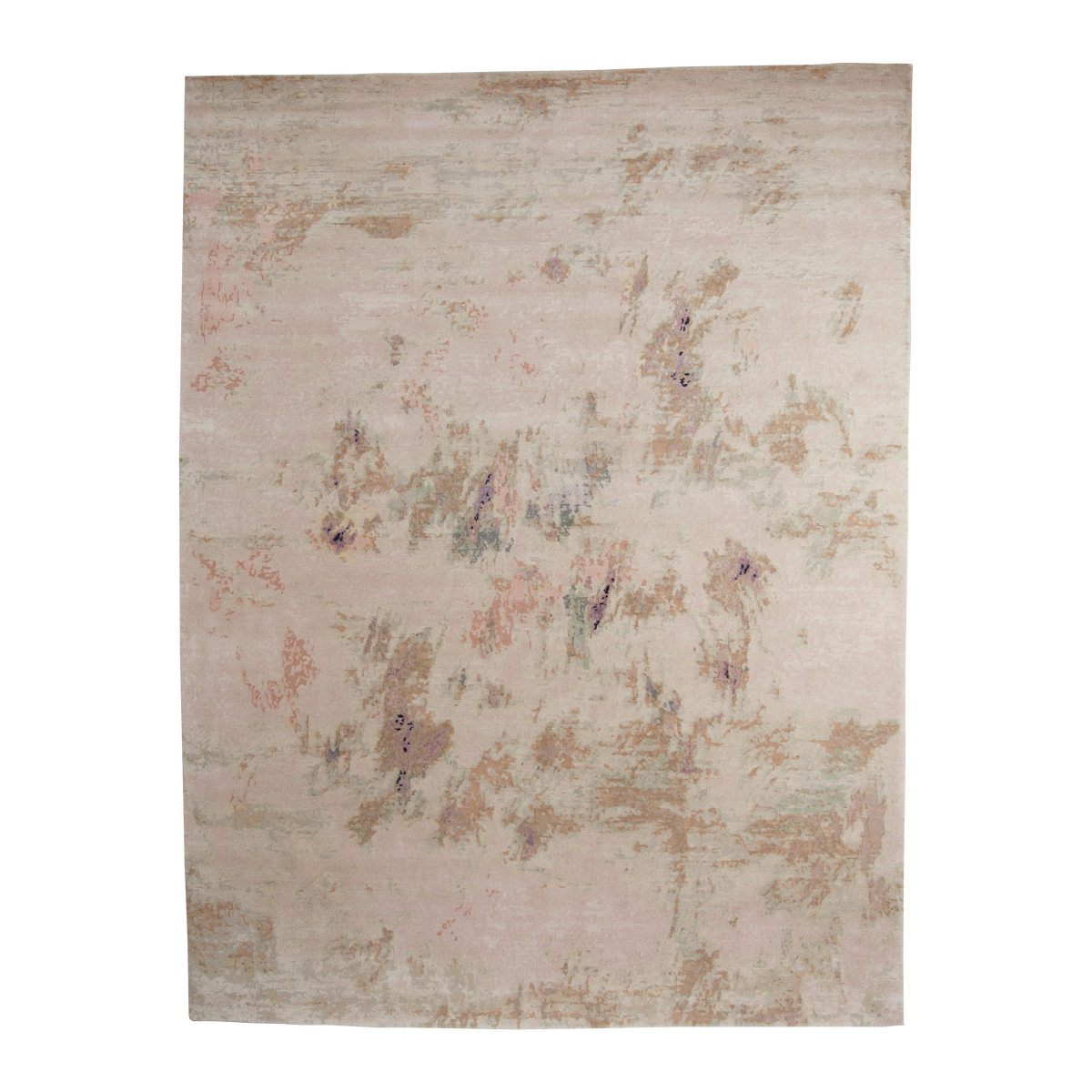 A rectangular area rug with a distressed, abstract pattern in soft blush pink, beige, and muted gray tones, shown flat against a solid white background.