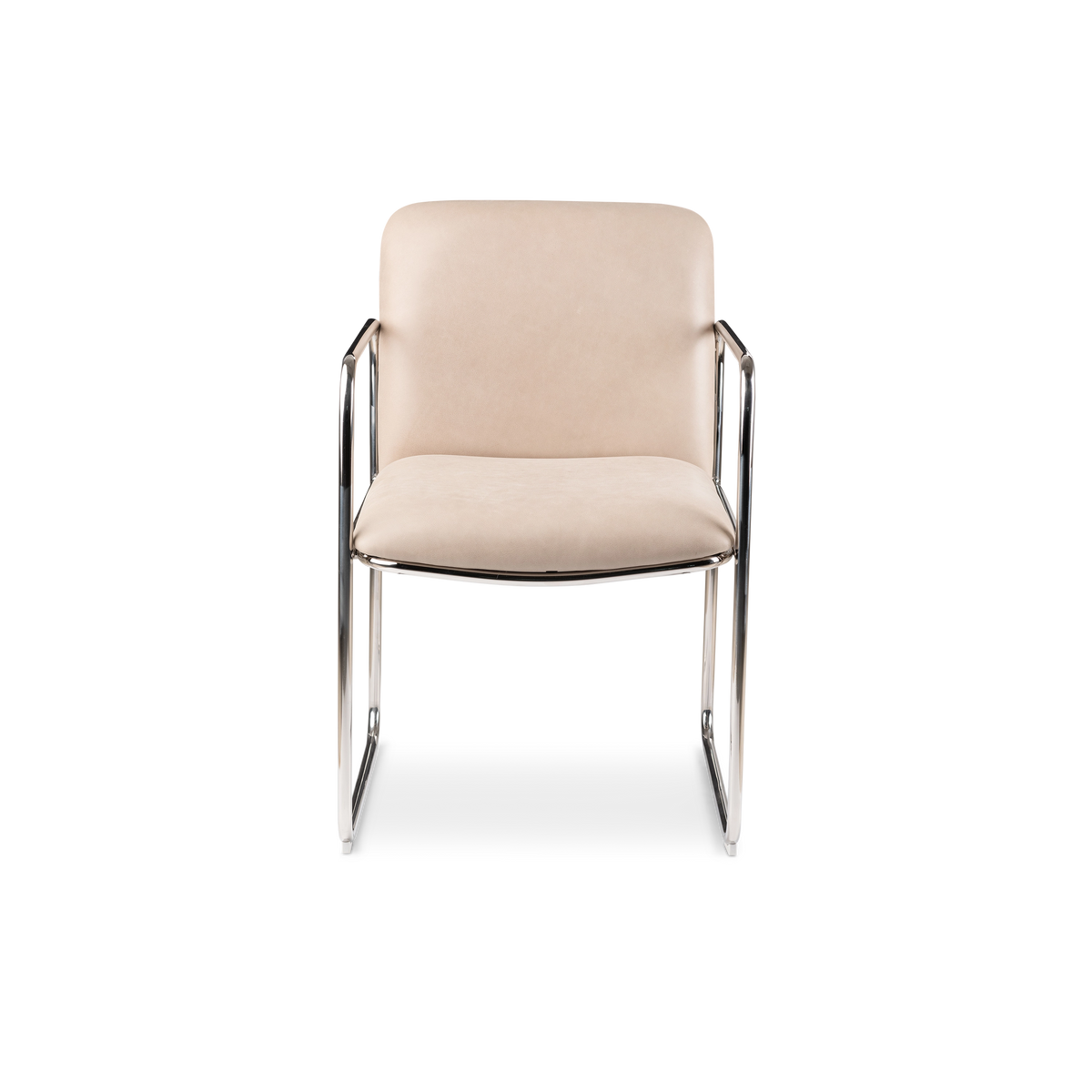 Rhodes Arm Chair shown straight from the front in taupe leather, with a padded seat, rounded back, and two tubular steel arm loops.