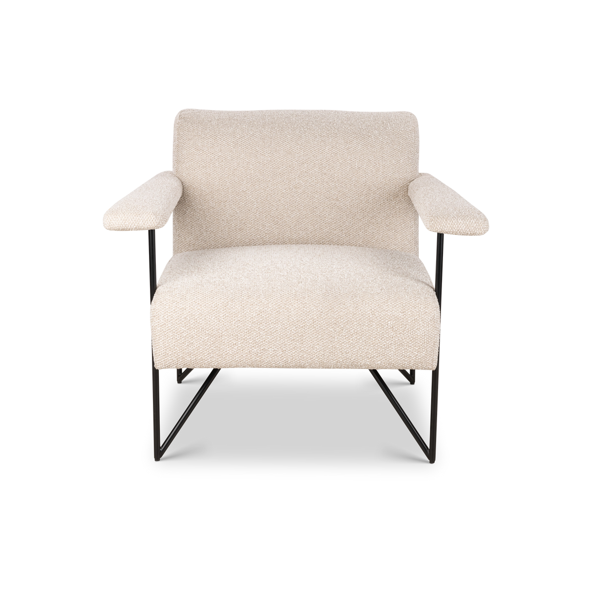 Knox Lounge Chair shown straight from the front in oatmeal fabric, with a deep cushioned seat, rounded back, and slim padded arms on black metal supports.
