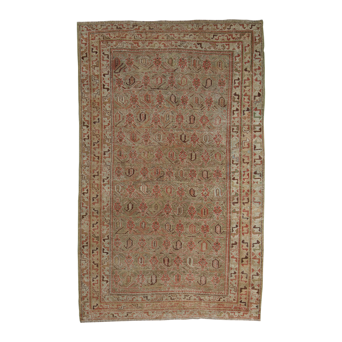 A rectangular vintage Persian-style area rug with a beige and dusty rose base, featuring intricate geometric and floral motifs in muted red, brown, and green, isolated on a white background.
