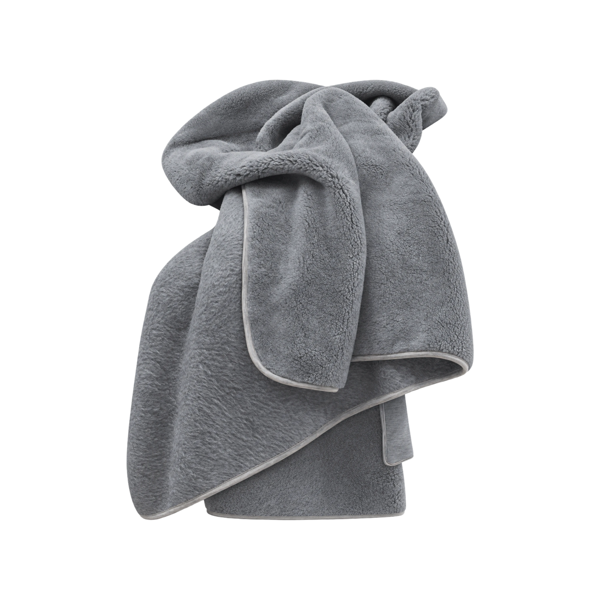 Merino Fleece Throw in Slate gray, loosely draped to show its soft plush texture and piped edge detailing.