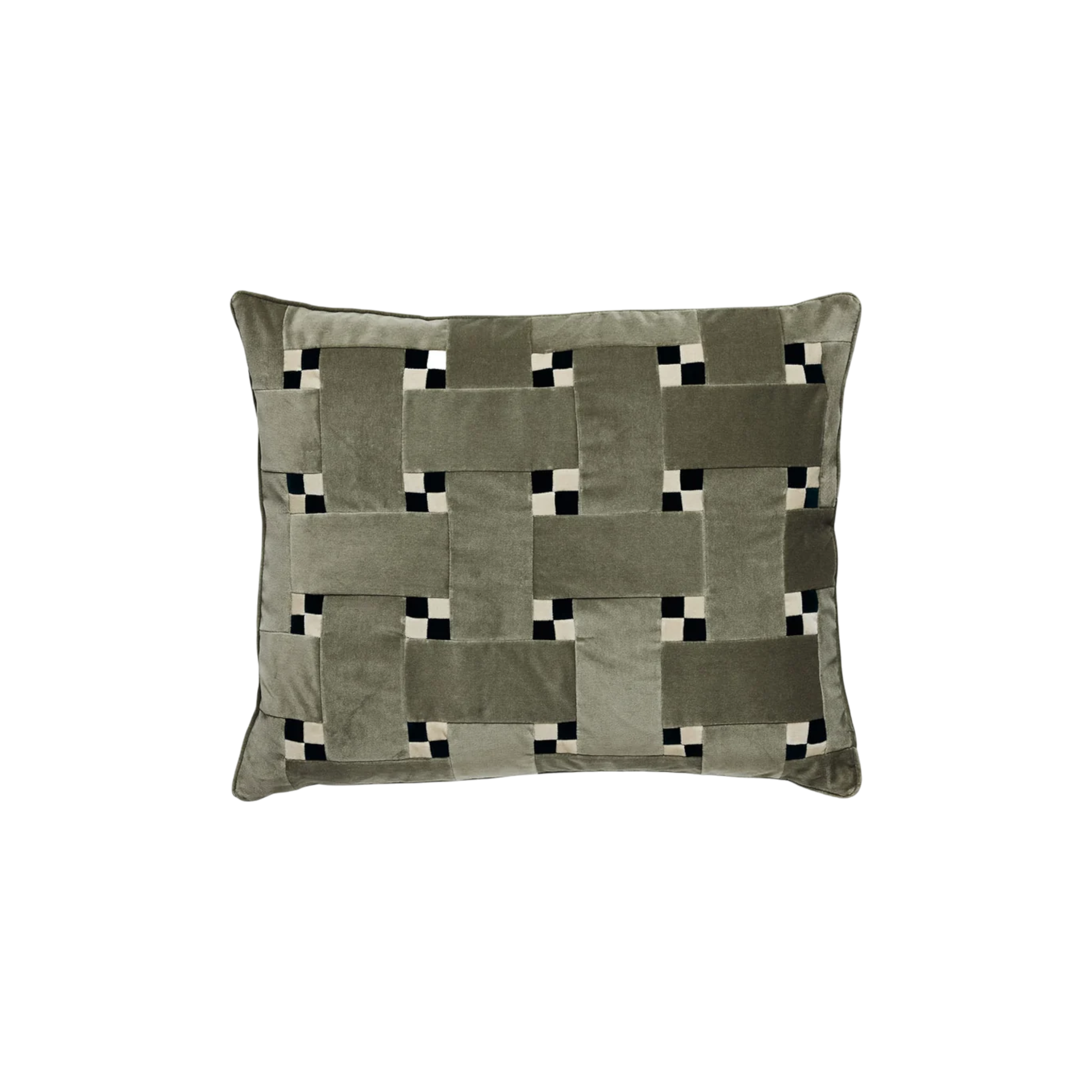 Rosie Pillow 20x24 in olive, featuring a woven basket-like pattern with small black-and-cream checkerboard accents and a softly lustrous finish.