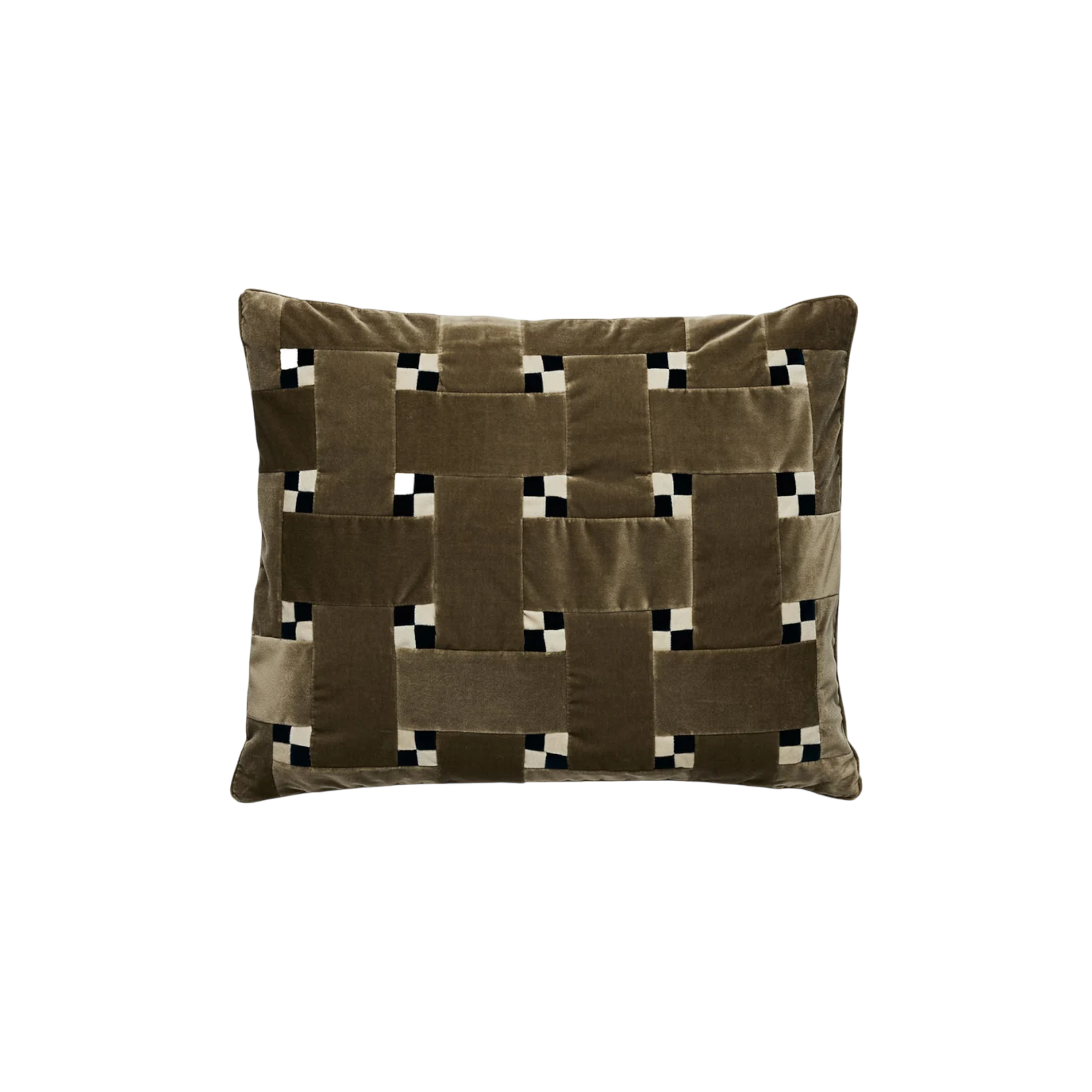 Rosie Pillow 20x24 in taupe, featuring a basket-weave pattern with broad tonal bands and small black-and-cream checkerboard accents.