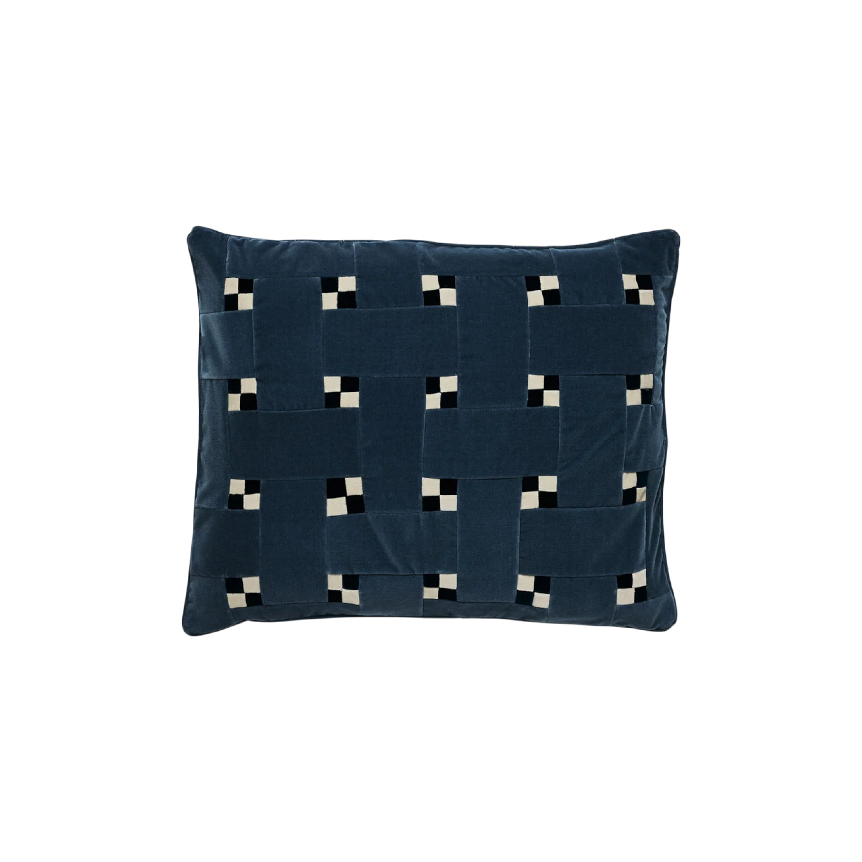 Rosie Pillow 20x24 in silver blue, featuring a basket-weave pattern with broad tonal bands and small black-and-cream checkerboard accents.