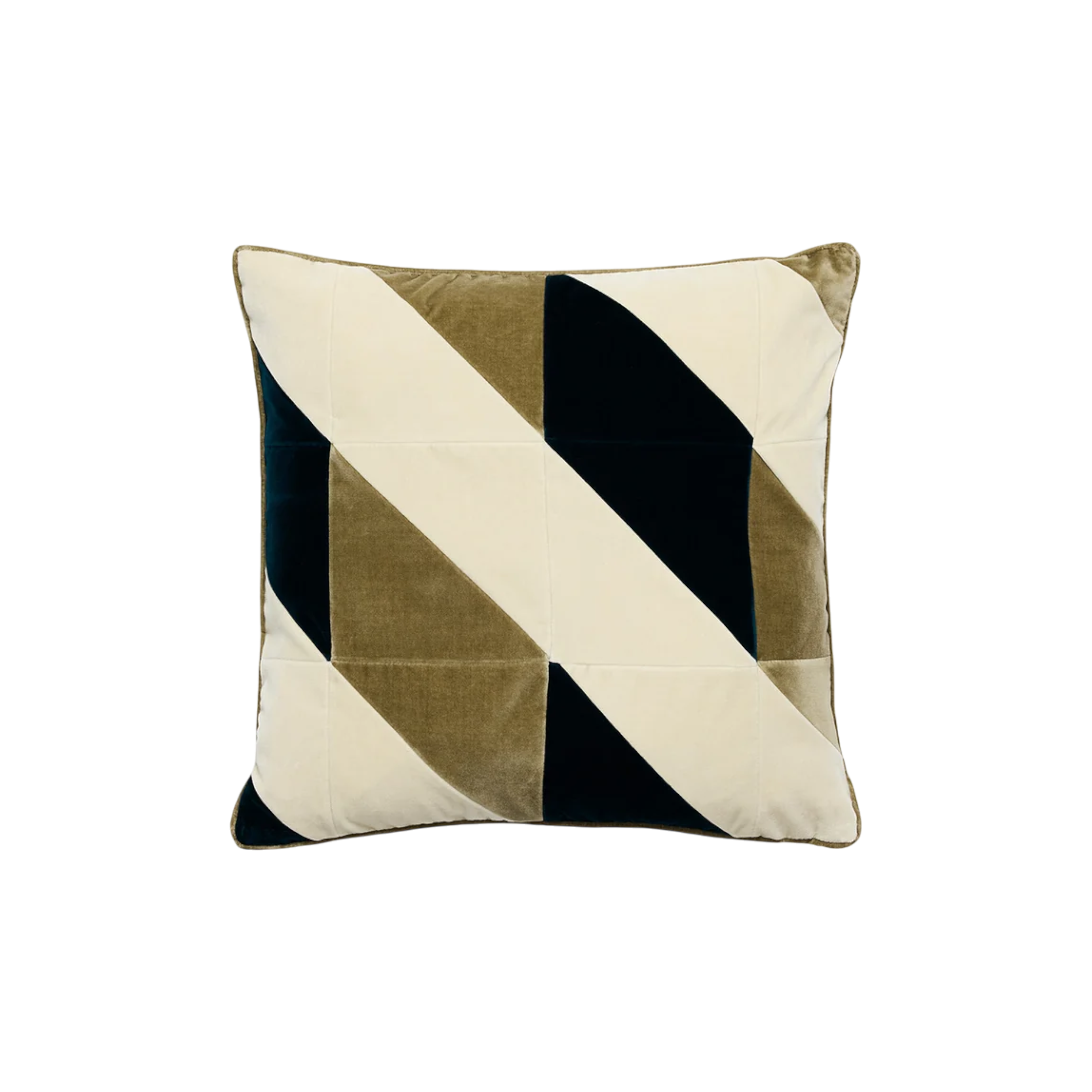 Kiki Pillow 20x20 in taupe and petrol, featuring a bold geometric patchwork design in taupe, ivory and deep petrol with a soft, velvety finish.