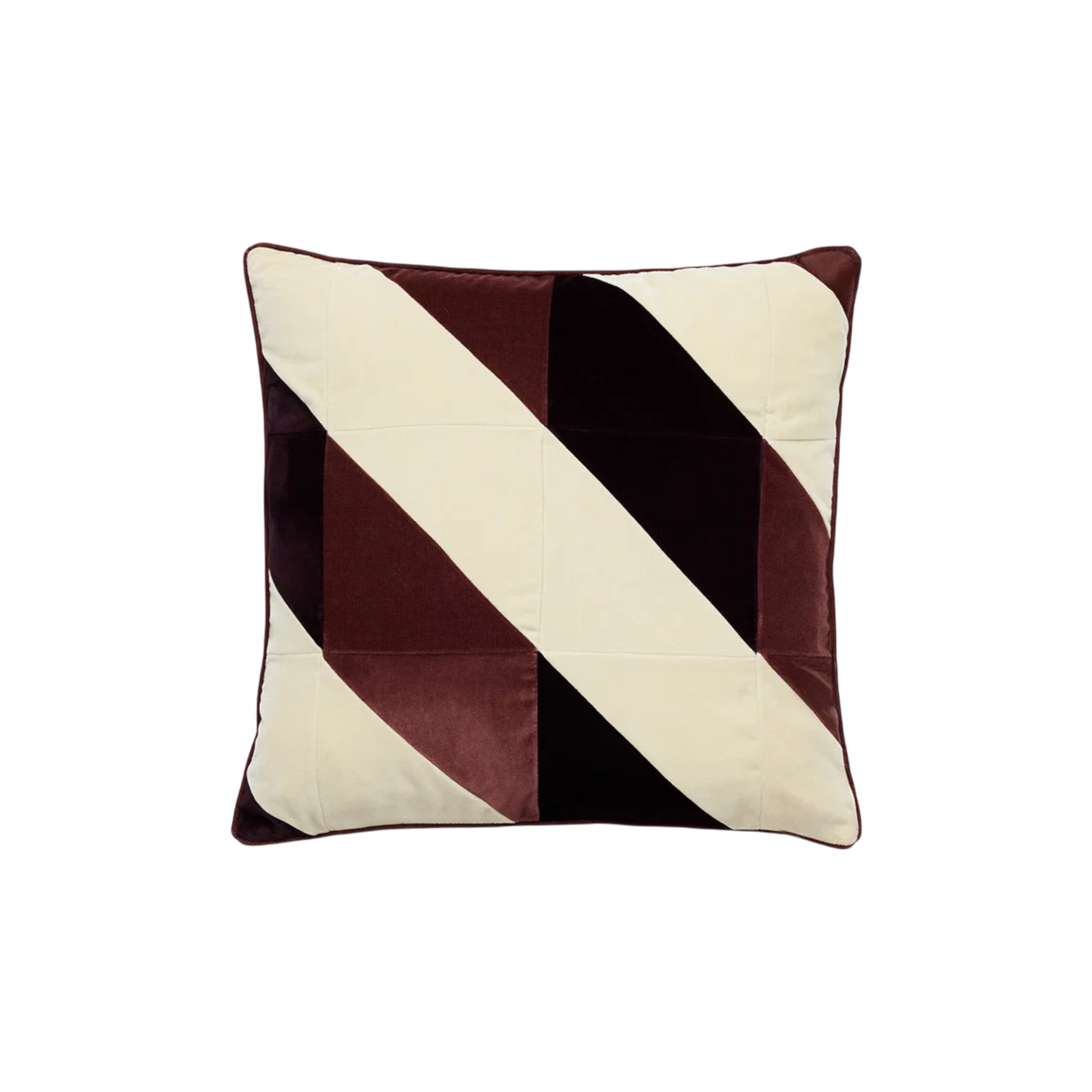 Kiki Pillow 20x20 in aubergine, featuring sweeping geometric bands in ivory, aubergine and deep plum with a soft, lustrous finish.