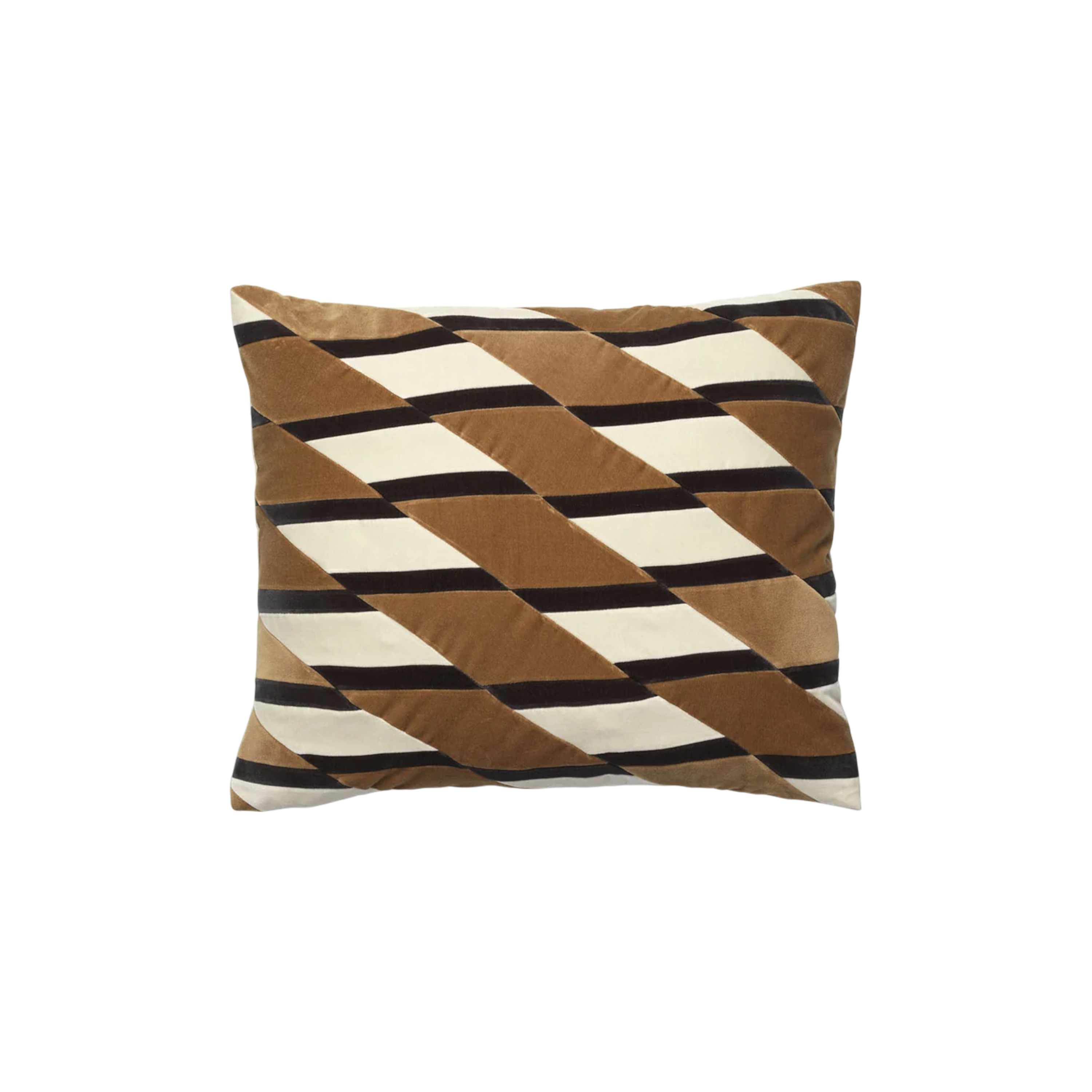 Layla Pillow 20x24 in camel, featuring diagonal interwoven bands in camel, ivory and deep brown with a soft, subtly lustrous finish
