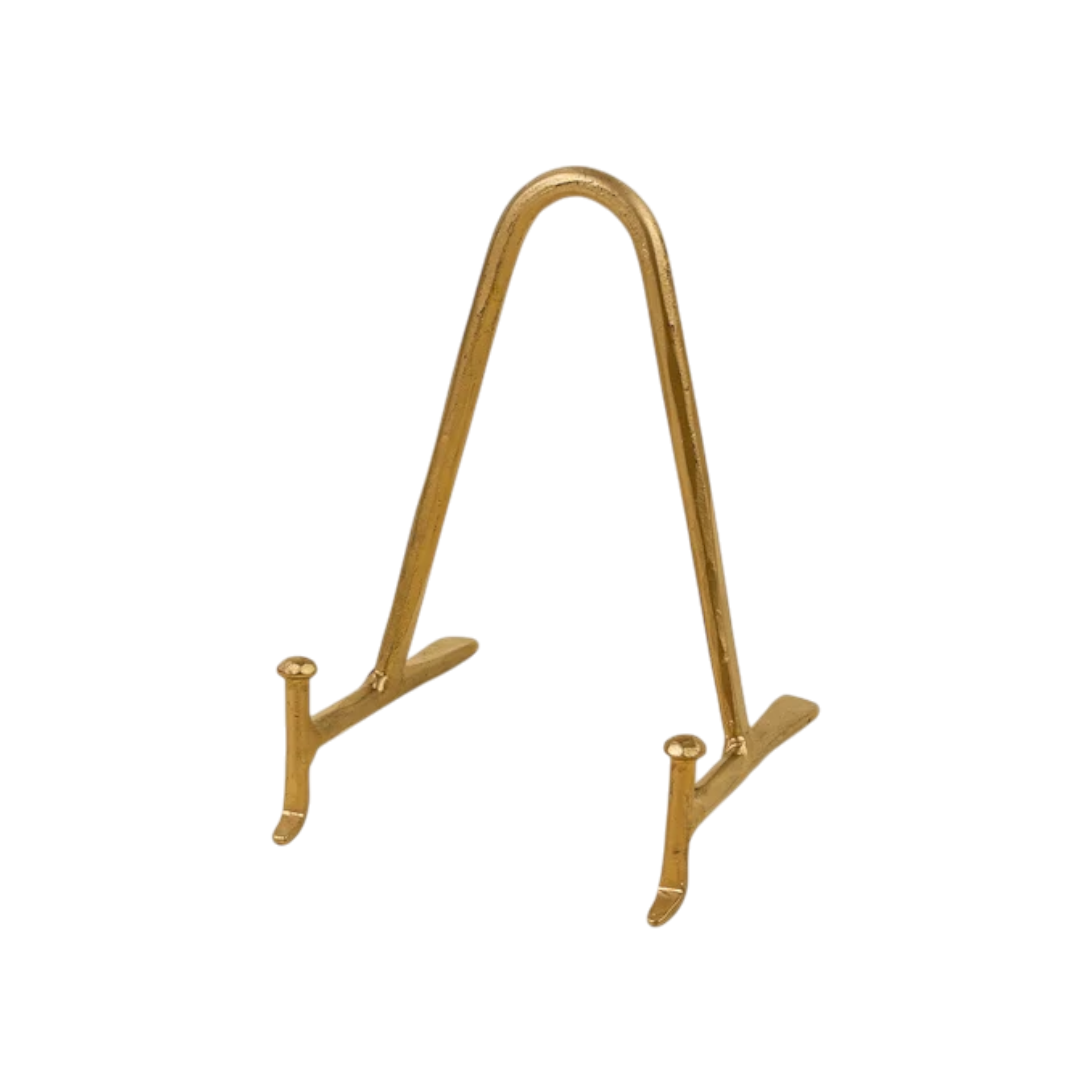 Large Arc Display Stand in gold-tone iron with a rounded arch frame, slim supports and splayed feet designed to hold a plate, book or framed decorative object.