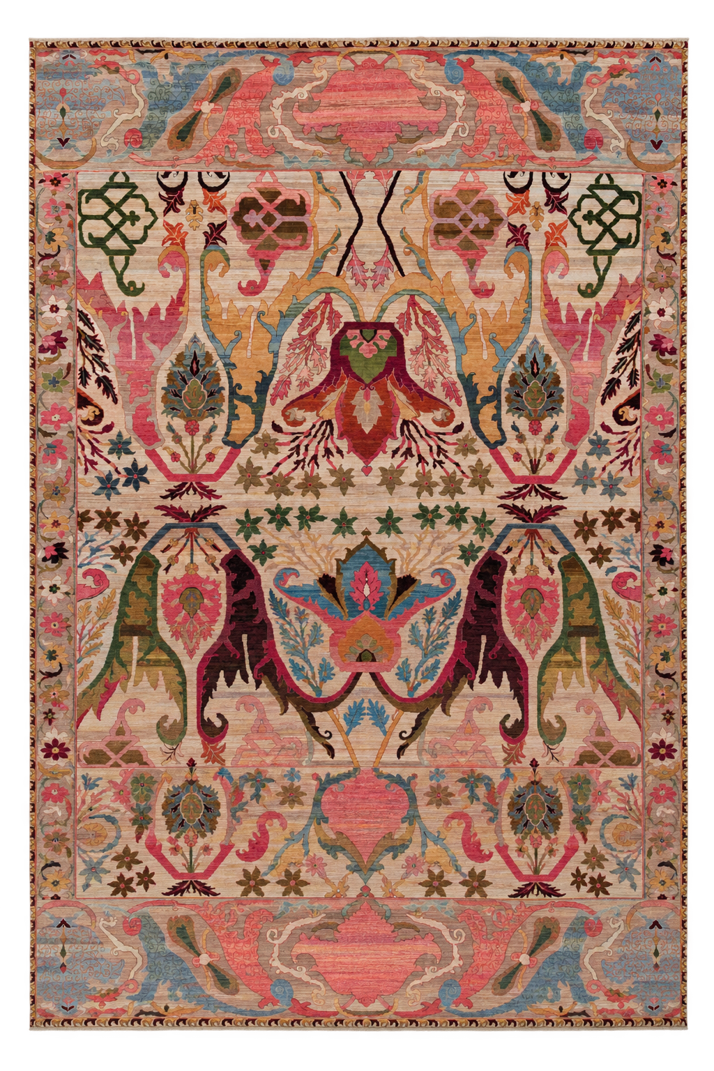A rectangular area rug with an ornate, symmetrical traditional pattern in multiple colors including pink, blue, green, red, and beige, shown flat against a white background.