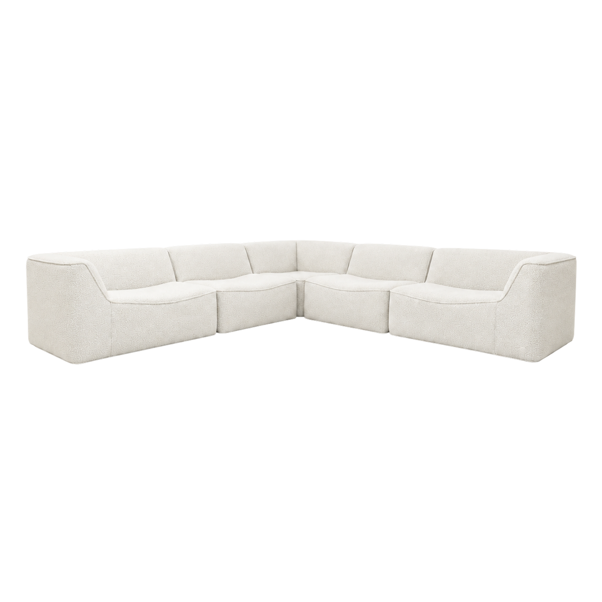 Bento Modular Sectional angled view highlighting the L-shaped layout in ivory bouclé, with a low continuous back, sloped rounded arms at both ends and gently curved piped seats.