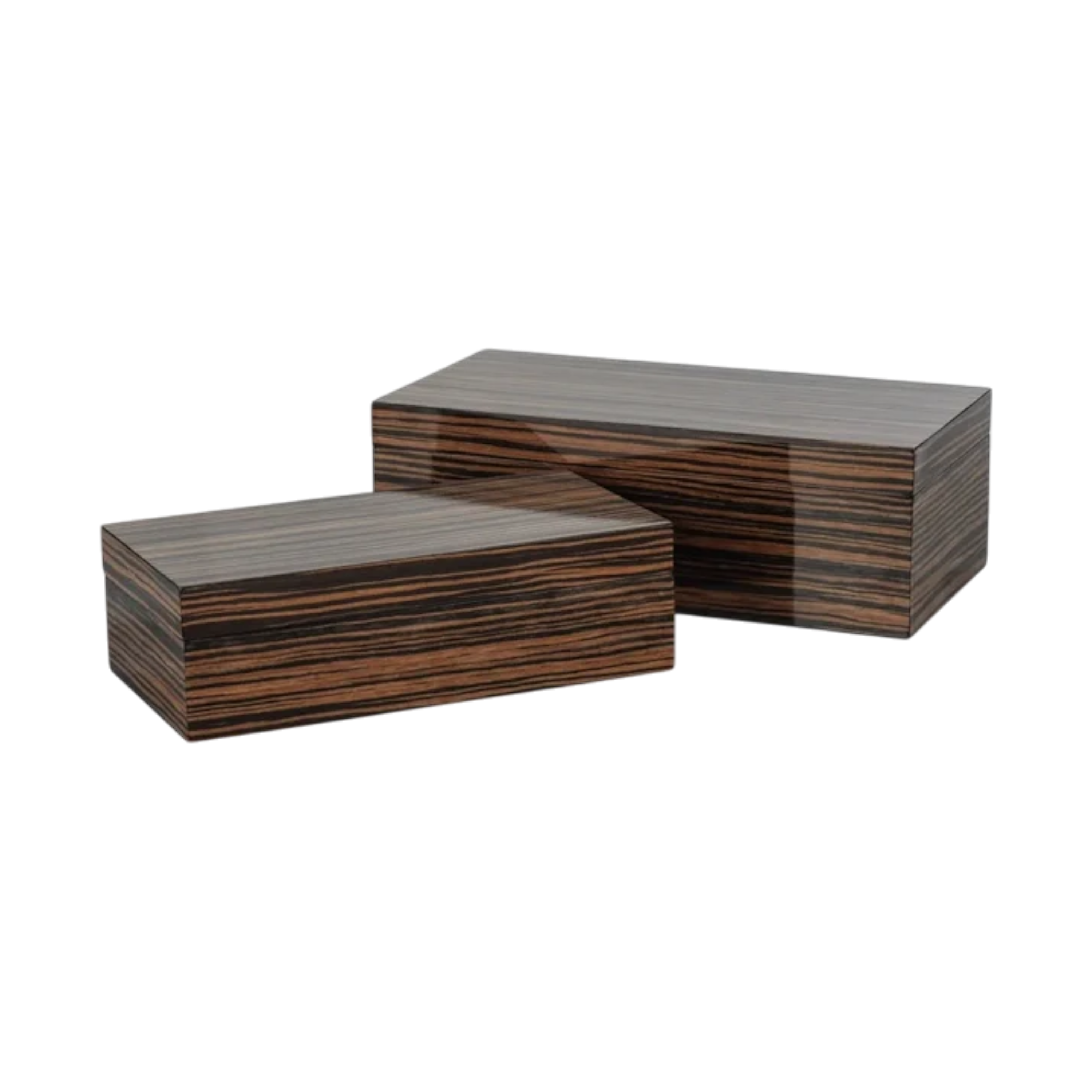 Small and large rectangular ebony veneer boxes with fitted lids, featuring bold black and dark brown striped wood grain in a clean, minimalist design.