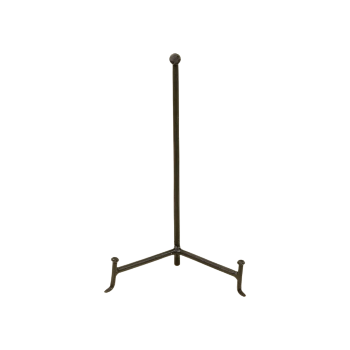 Atelier Display Stand in black iron with a slender vertical post, ball finial and open tripod base designed to support a plate, book or framed decorative object.