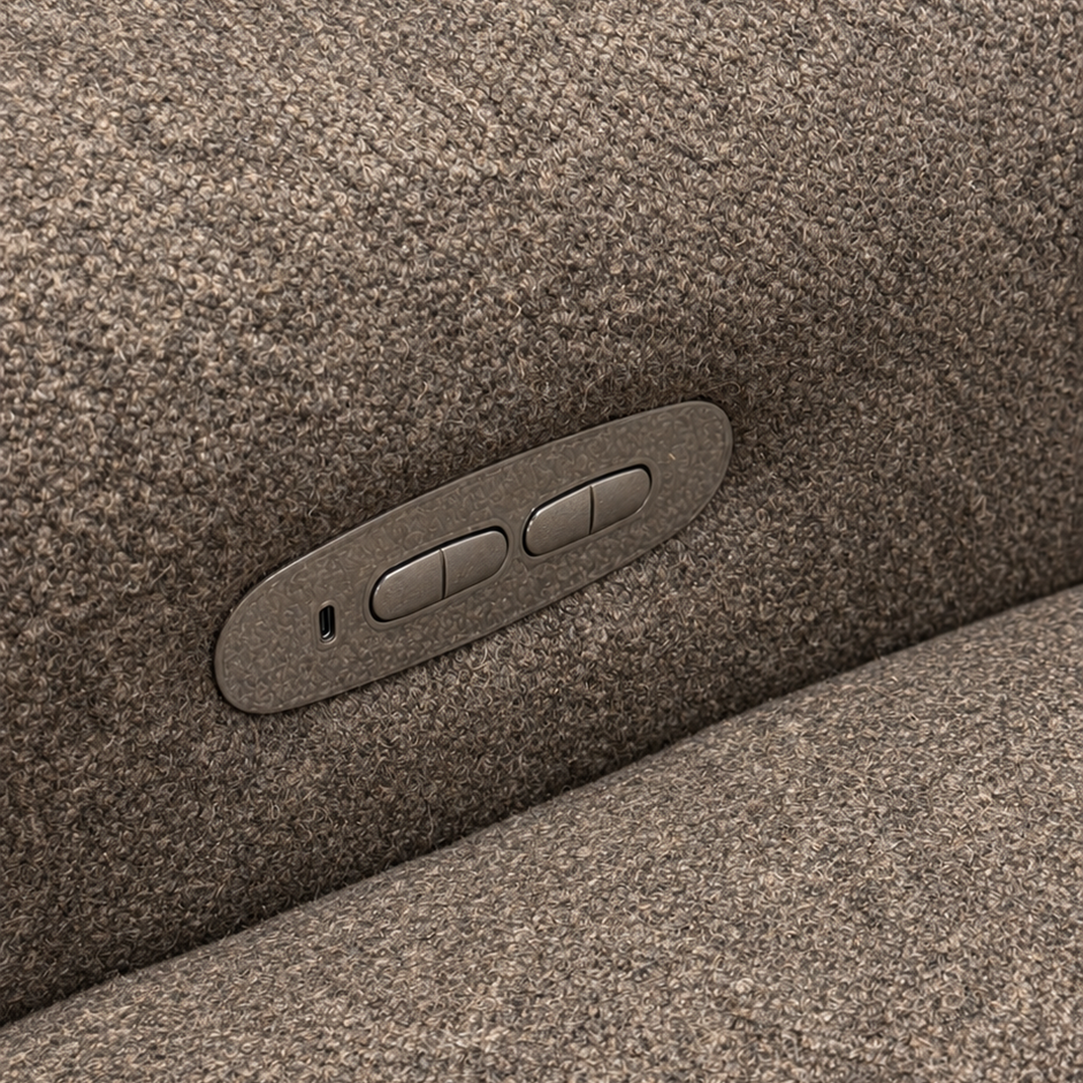 Keystone Reclining Sofa close-up highlighting the built-in power control and USB charging port set into the armrest.