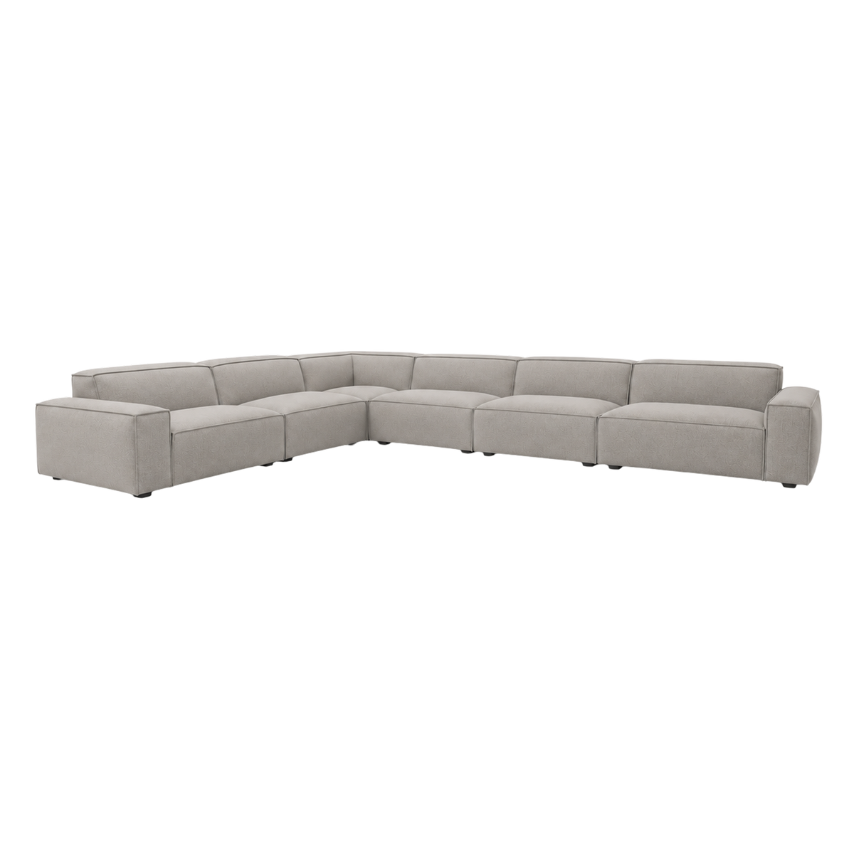Vetro Modular Sectional Sofa angled view highlighting the L-shaped configuration in heathered taupe upholstery, with low track arms at both ends, deep seats and piped seams.