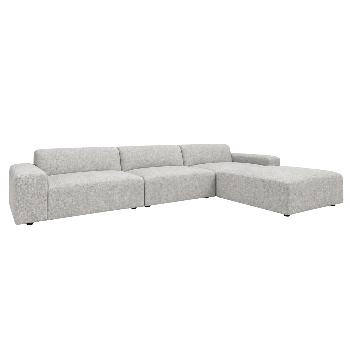 Vetro Bullnose Sectional in heathered gray basketweave, rear angled view highlighting the continuous back line and chaise return.
