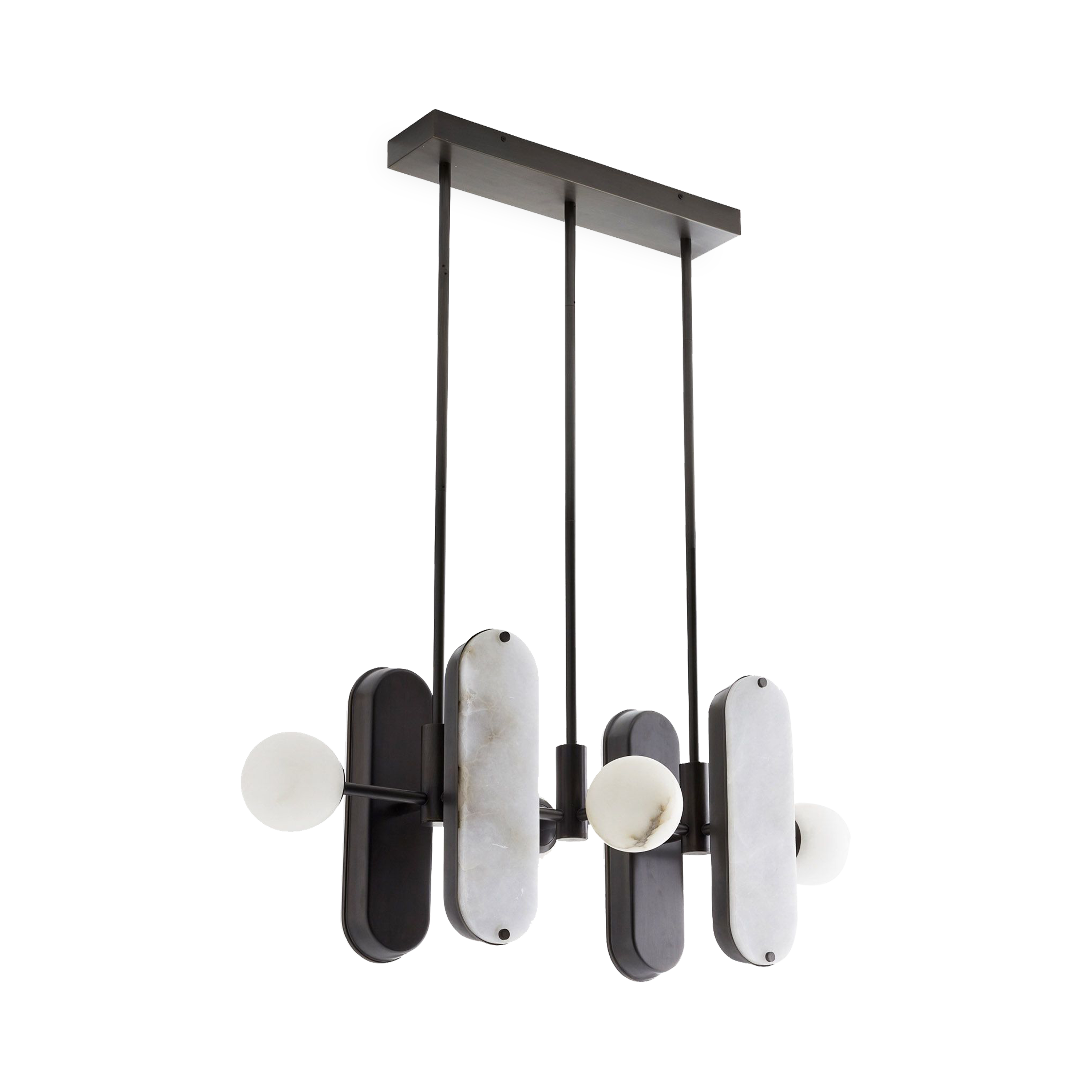 The Maradona Chandelier is styled in English bronze with an iron frame and white alabaster shades.