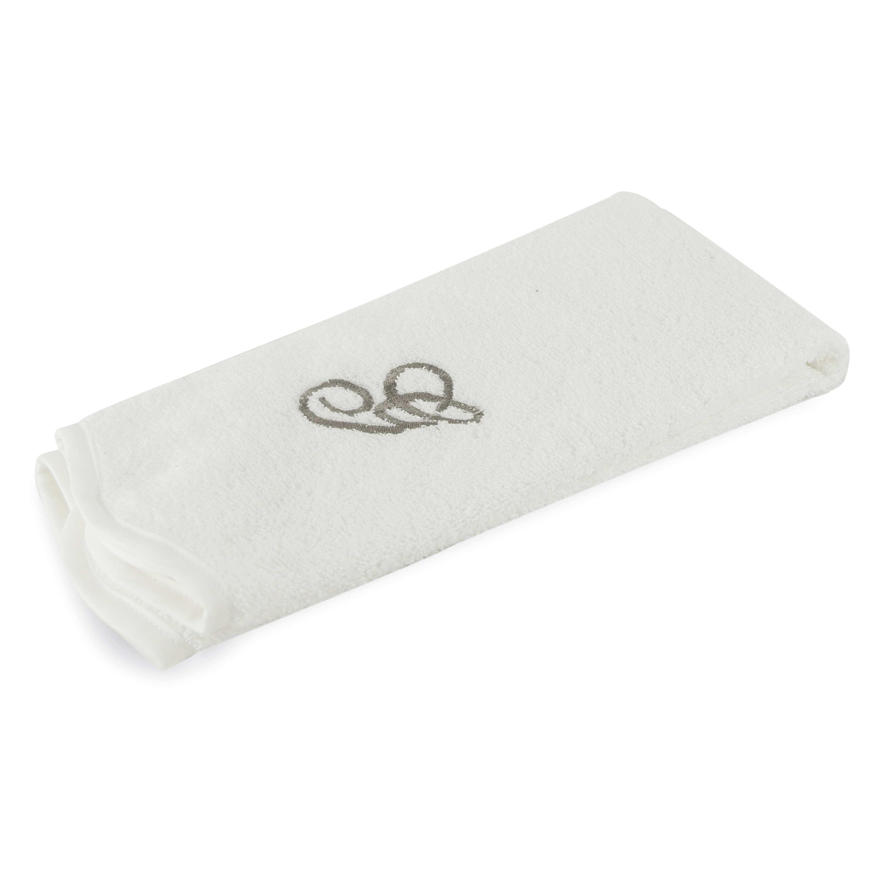 Monogrammed guest towel made of 100% white cotton with pewter/grey embroidered monogram.