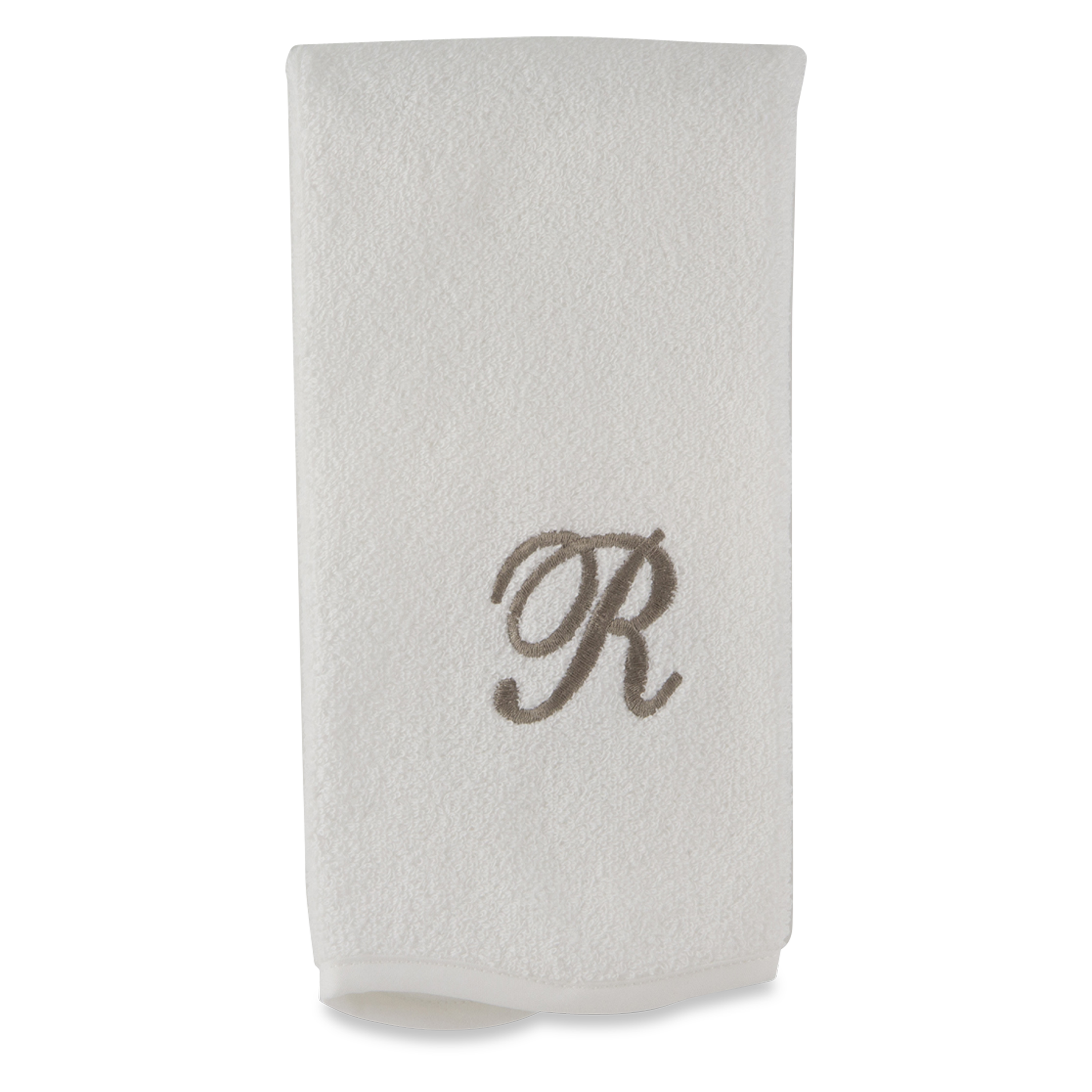 Monogrammed guest towel made of 100% white cotton with pewter/grey embroidered monogram.