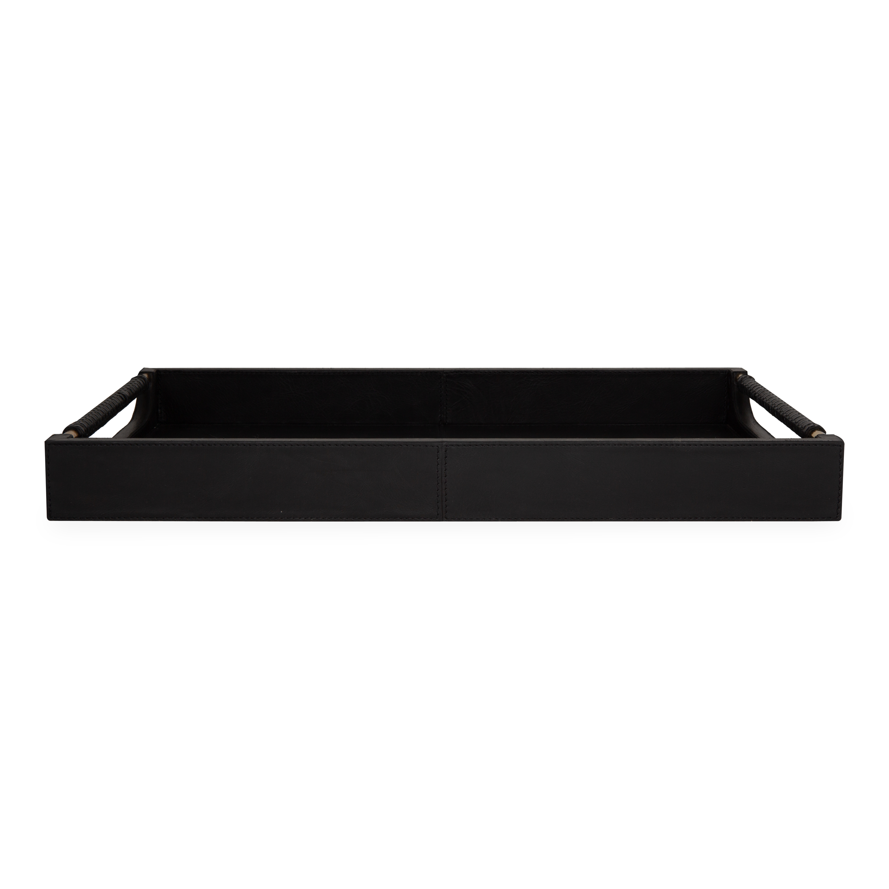 The Lenora Leather Trays features full-grain leather with brass hardware and woven handles.