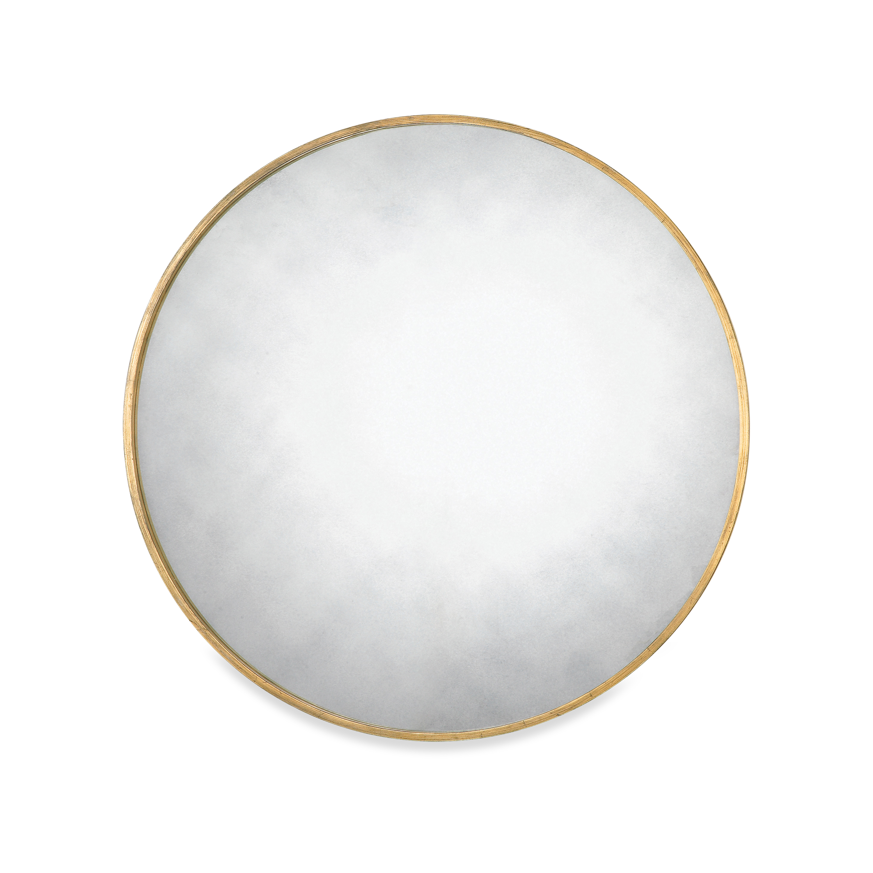 The Antiqued Round Wall Mirror features a narrow and sophisticated circular metal frame with a heavily antiqued gold leaf finish surrounds the antique style mirror.