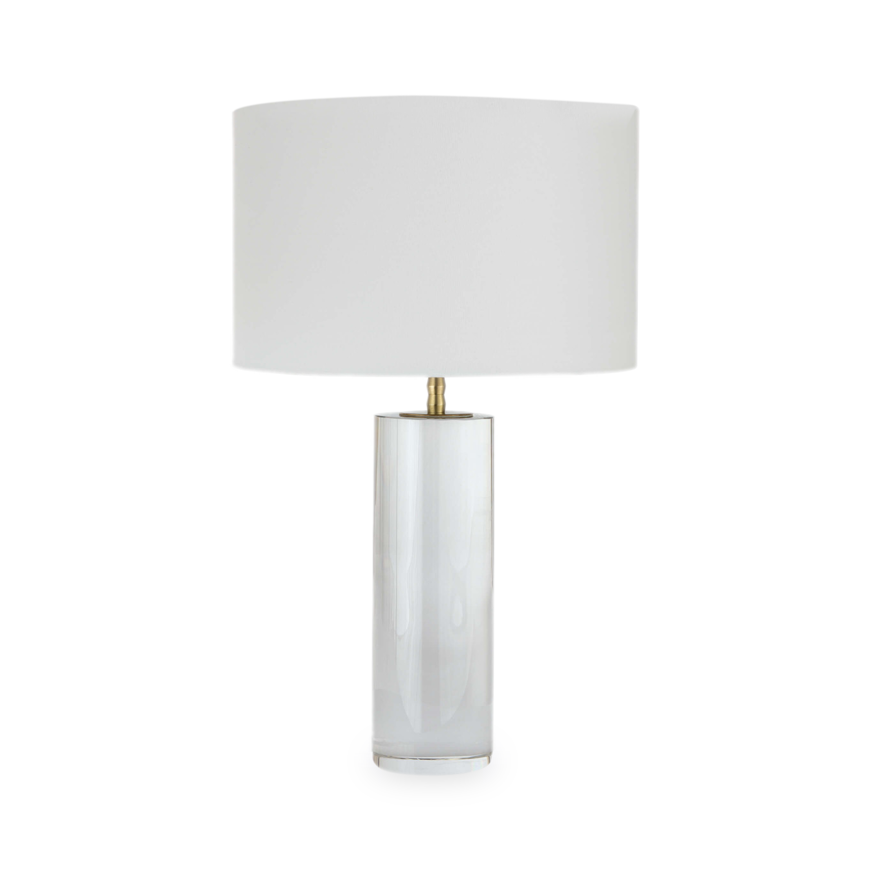 This solid crystal cylinder lamp base features a sleek silhouette and uniquely designed natural brass neck.