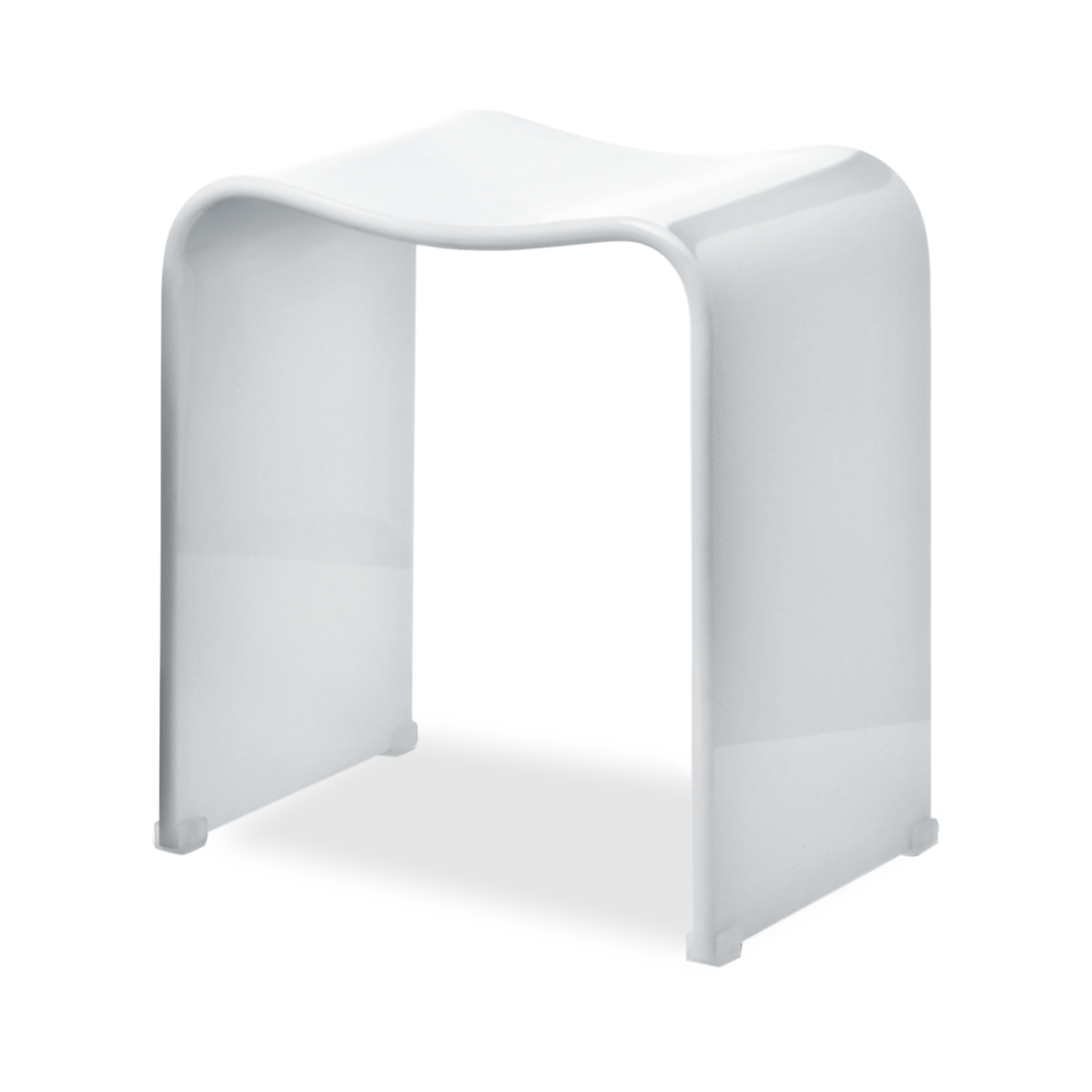 The Acrylic Bath Stool in white features a sleek design with elegant curves.