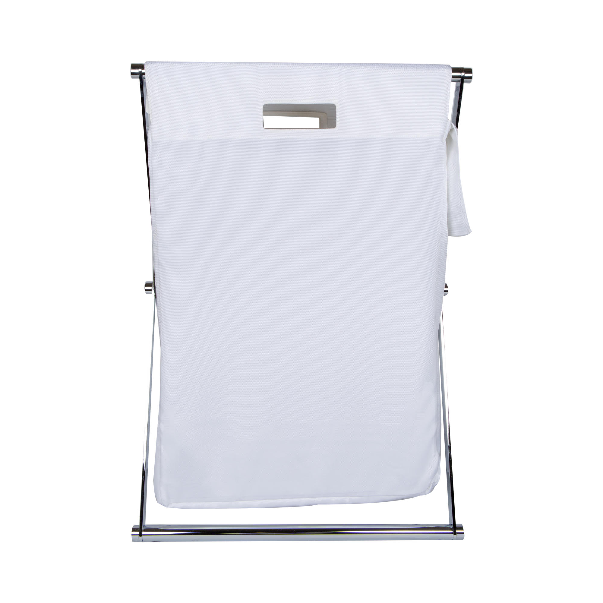 The Cross Laundry Basket features a chrome frame with nylon laundry bag.