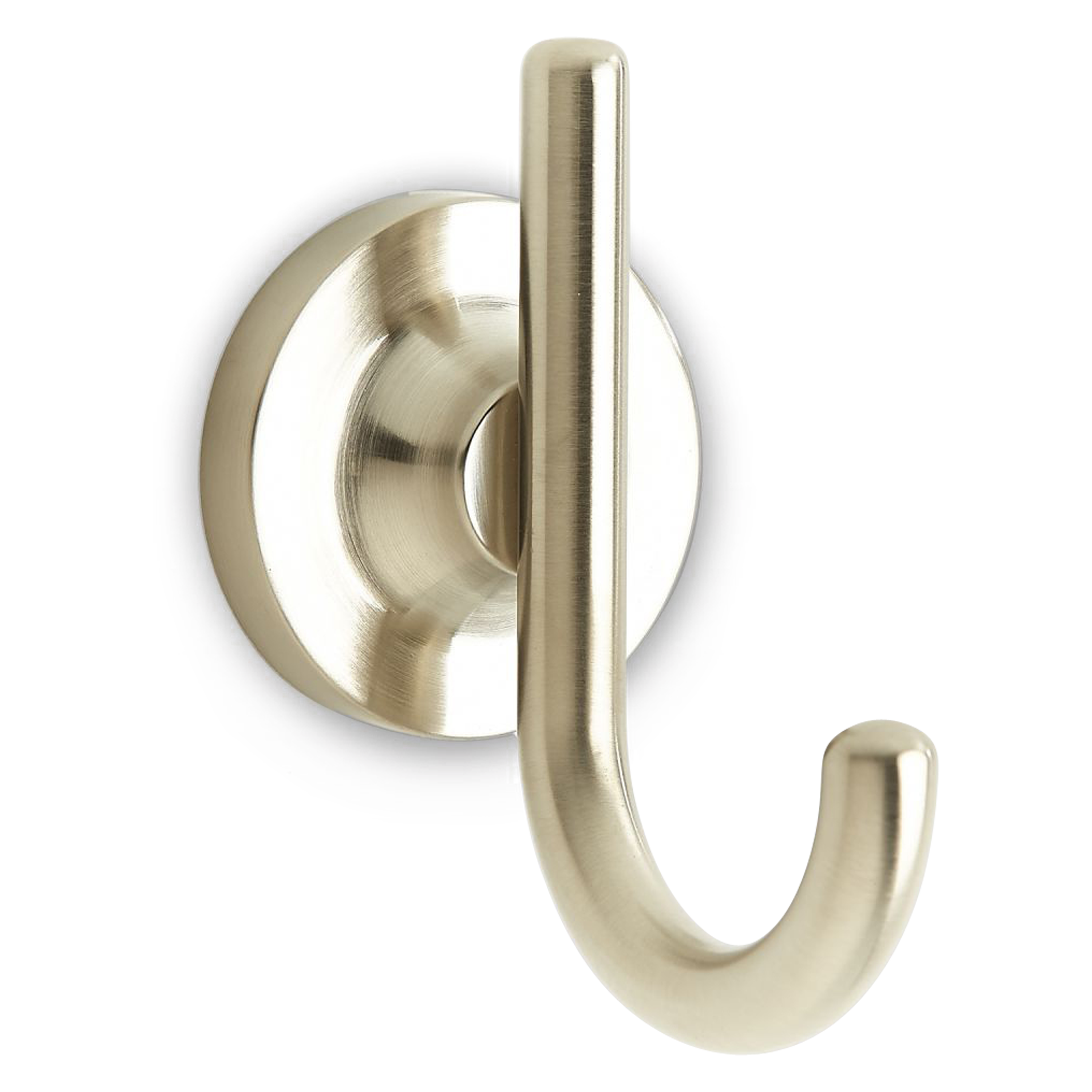 A magnificent, modern robe hook with a "J" shape and a sleek, circular base.