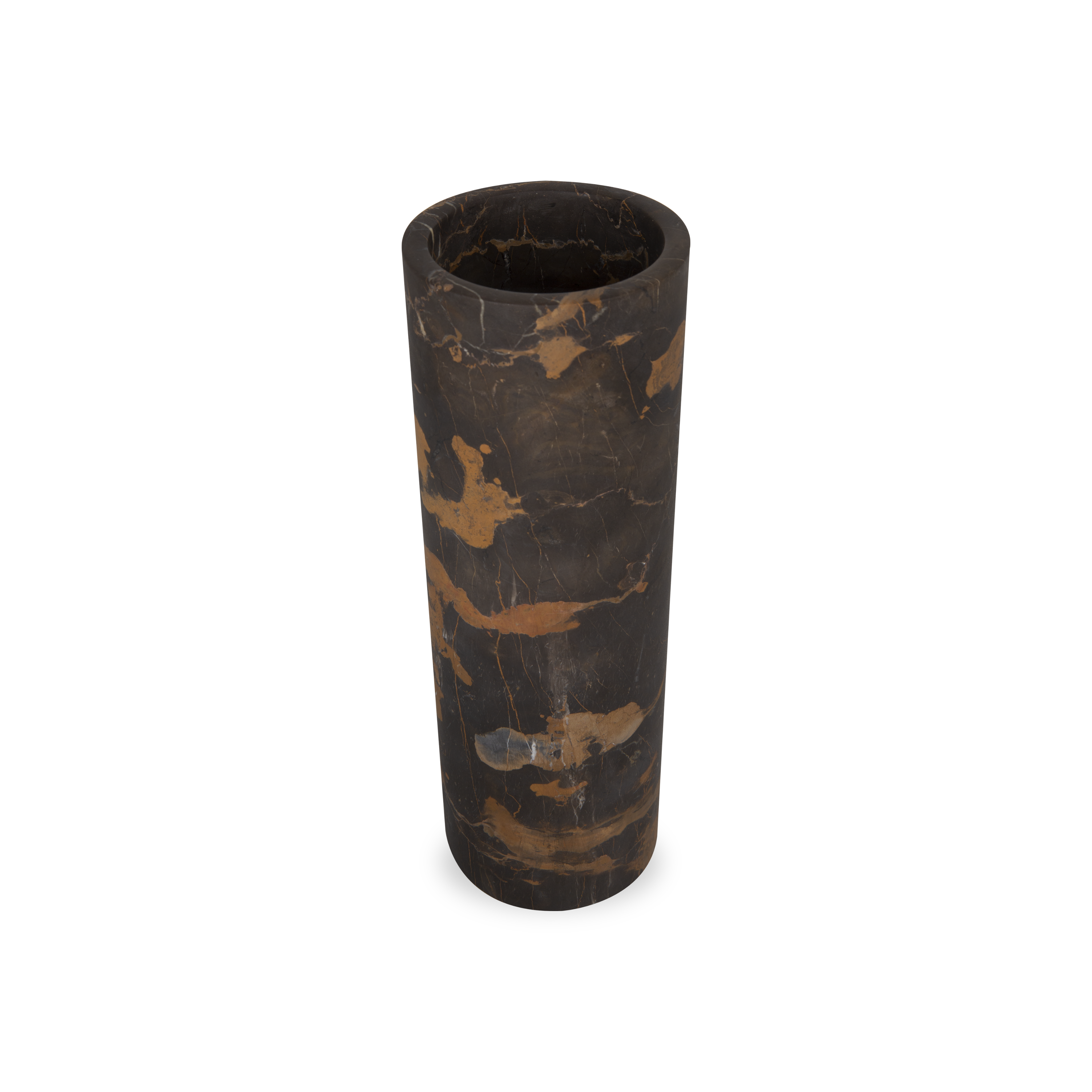 The Honed Marble Vase in black and gold marble vase strikes a moody yet dramatic statement.