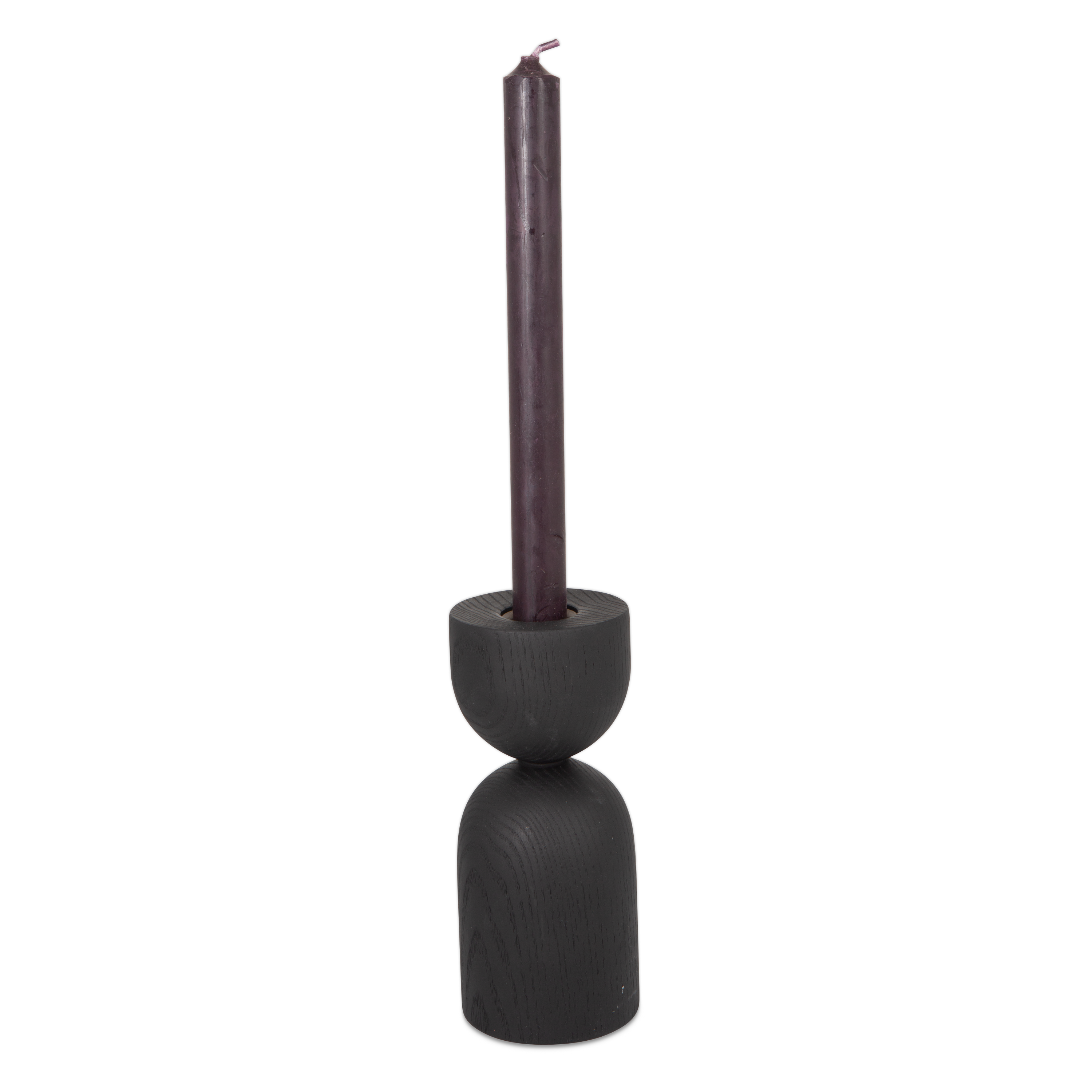 Turned from solid ebonized ash wood, the Hourglass Taper Candleholder feature distinct and eye-catching forms.