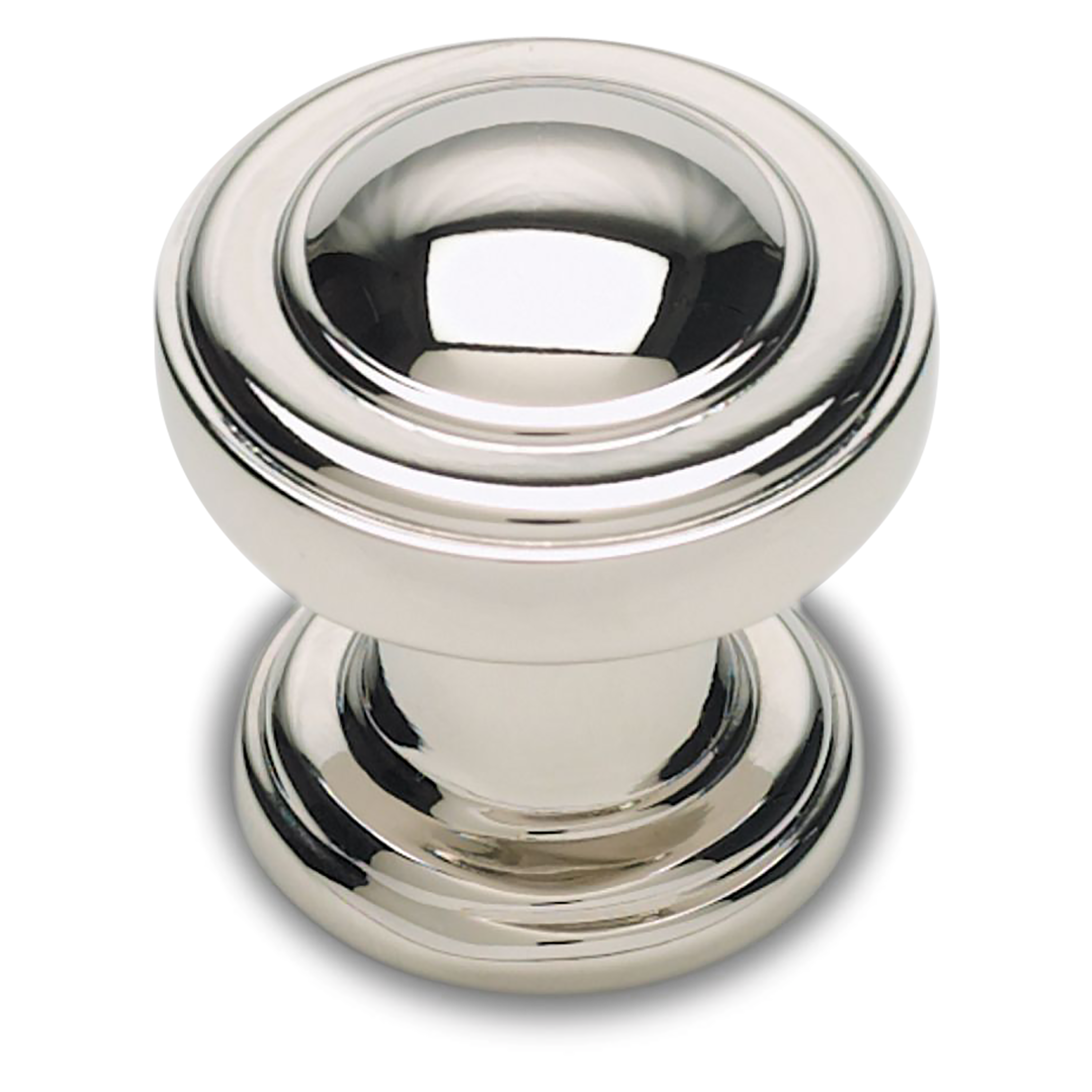 A contemporary brushed nickel knob with raised ring detailing.