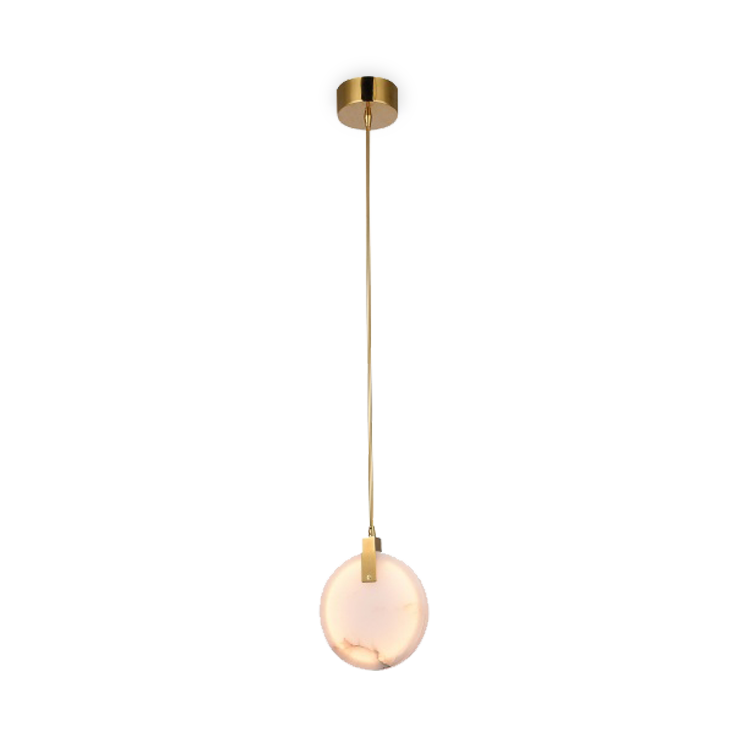 Single pendant LED light crafted in stainless steel with gold finish and a round spanish marble plaque.