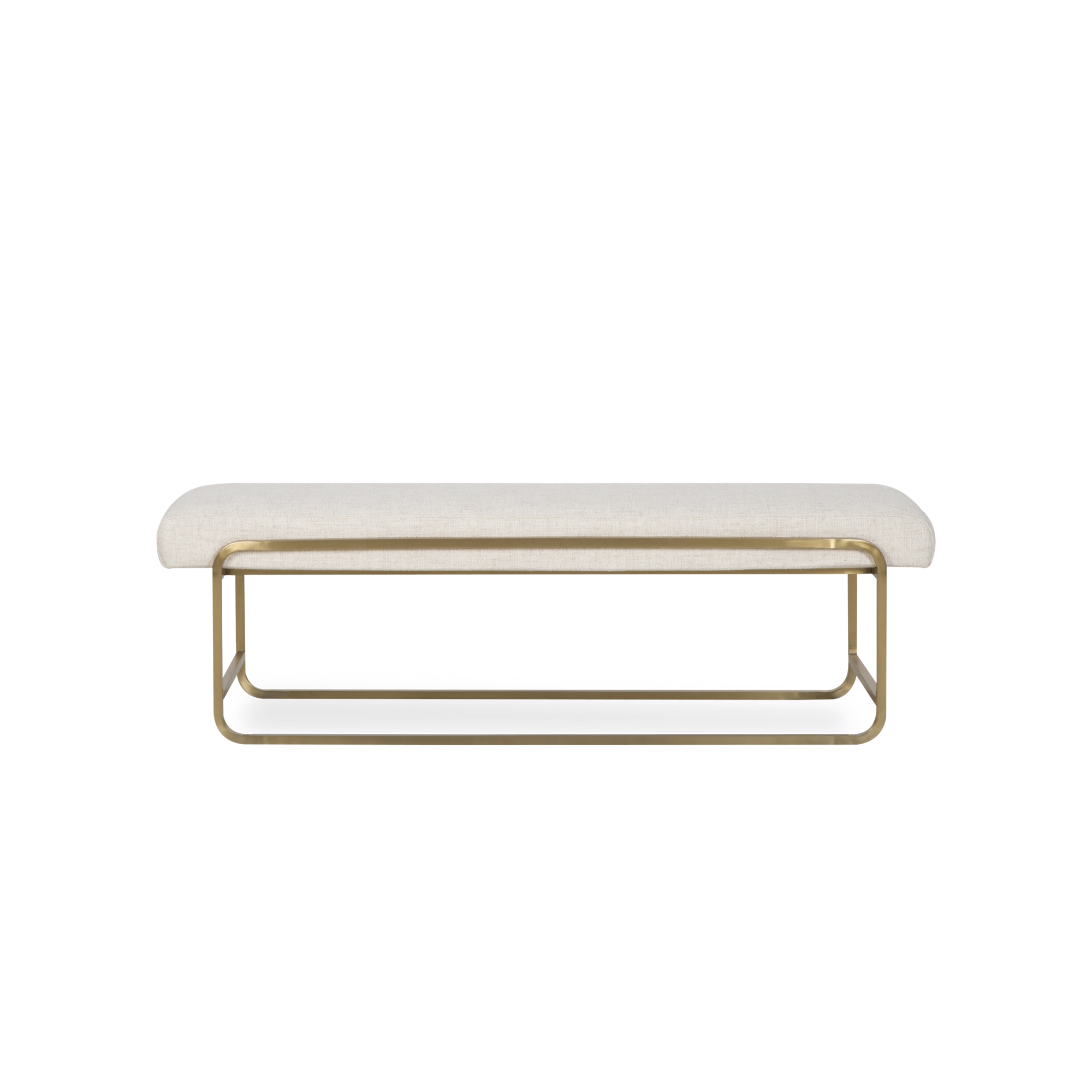 Dramatic bullnose edging meets elegant brass-finished steel framing for fresh, thoughtful balance, while performance-grade upholstered seating delivers a hint of glam and plenty of